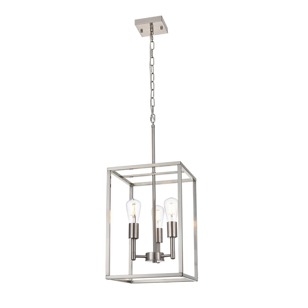 3-Light Brushed Nickel Chandelier - Industrial Pendant Lighting Fixture with Modern Metal Cage Design for Ceiling - Perfect for Foyer, Dining Room, Kitchen Island & Farmhouse Decor