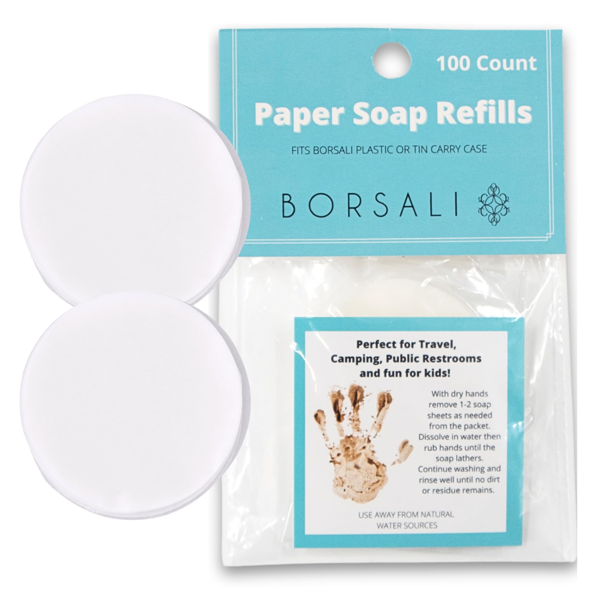 BORSALI Travel Soap Sheets - 100 Portable Dissolvable Dry Soap Leaves for Camping, Hiking & Public Restrooms | Eco-Friendly Hand Wash Solution for On-The-Go Hygiene | Compact Toiletries for Travel Kit & Emergency Use