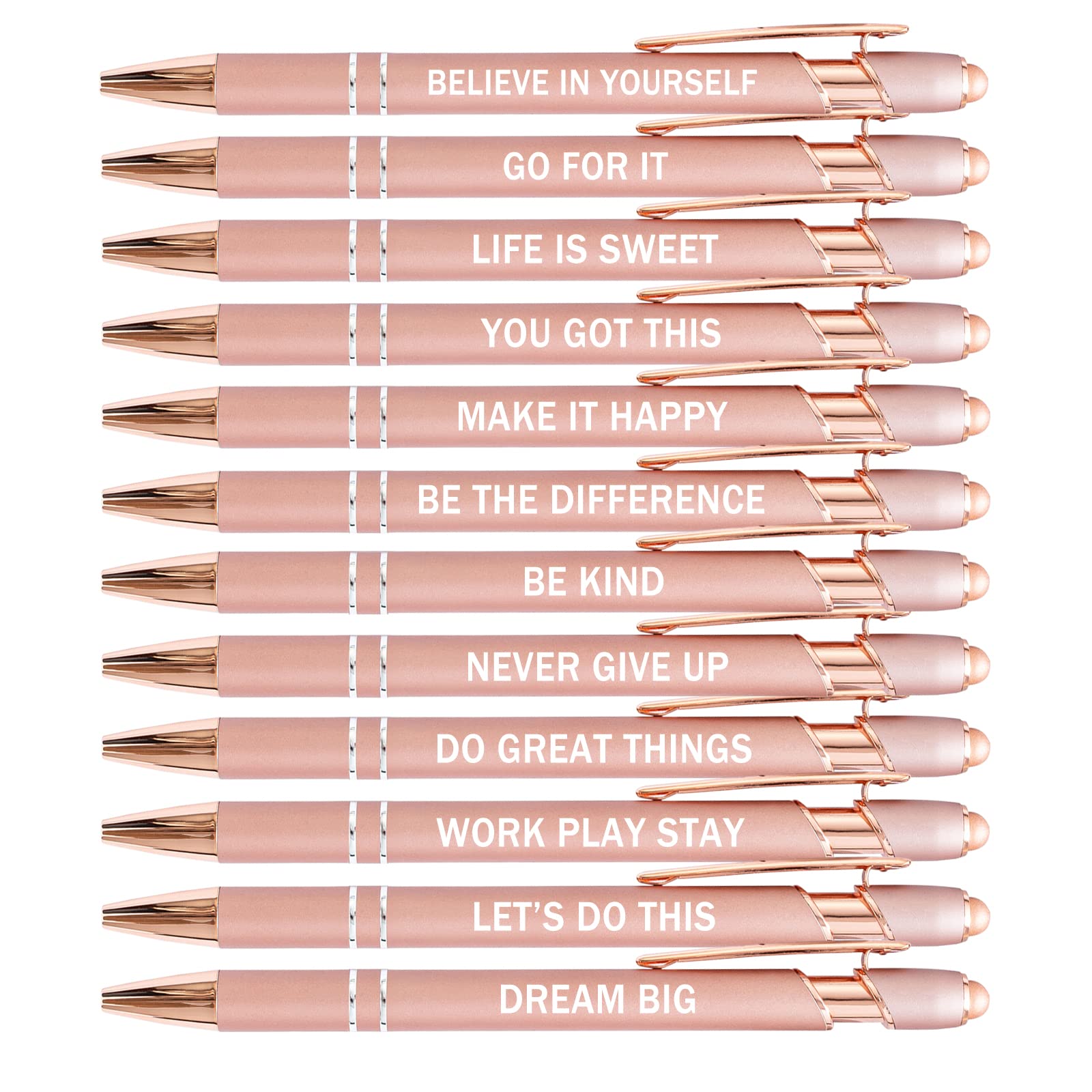12-Pack Rose Gold Motivational Quote Pens - Touch Screen Stylus & Ballpoint Dual Tip, Inspirational Office Supplies with Black Ink (Rose Gold) - Perfect for Journaling, Note Taking & Gift Giving