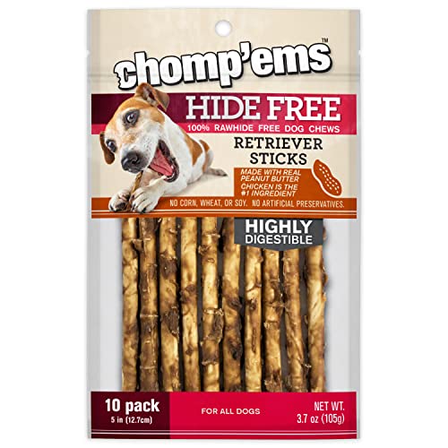 CHOMP 'EMS Chicken & Peanut Butter Dog Chews - Natural Rawhide-Free Treats for Puppies & Adult Dogs - 5 Inch Long-Lasting Chews (10 Count) - Perfect for Training, Teething Relief & Dental Health