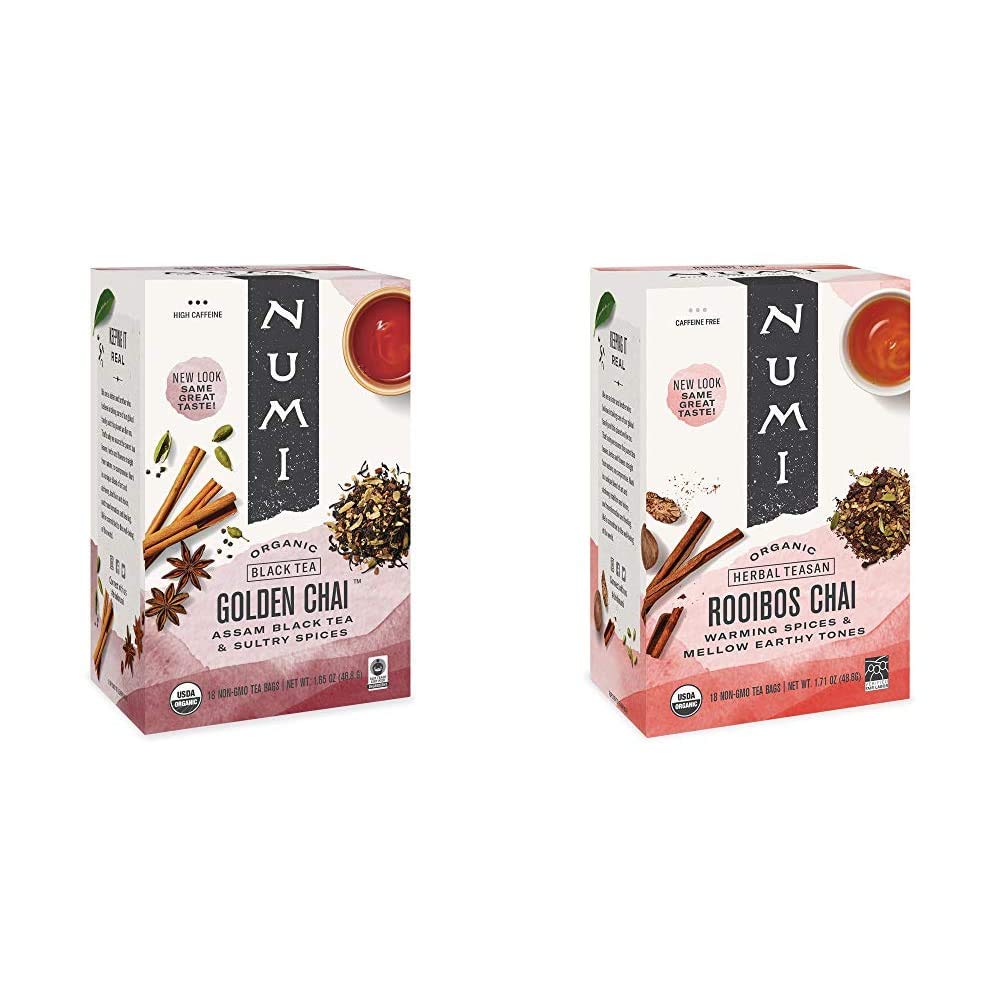 Numi Organic Golden Chai Tea & Rooibos Chai Tea - 18 Tea Bags Each | USDA Certified, Caffeine-Free Herbal Tea | Perfect for Relaxation, Afternoon Tea & Gifts