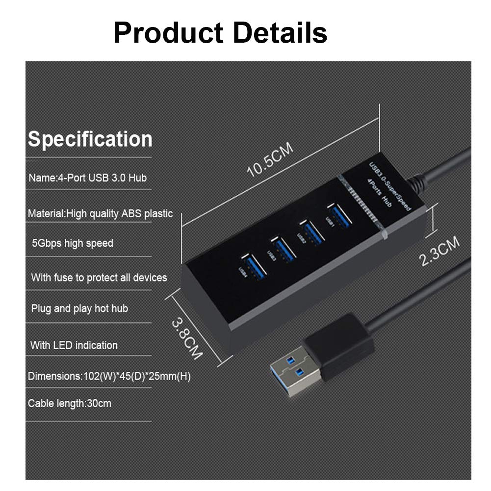 4-Port USB 3.0 Hub with 5Gbps High-Speed Data Transfer - Compact USB Splitter for Laptop, PC, MacBook, Gaming & Office Accessories