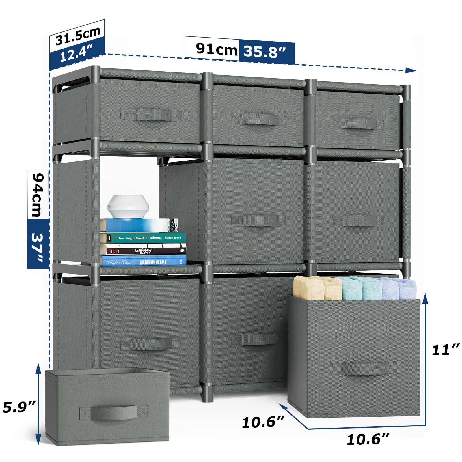 Mavivegue 9-Cube Storage Organizer Shelf with Drawers - Easy Assembly DIY Closet Organizer for Bedroom, Living Room, Dorm - Space Saving Home Organization Solution (Gray) - Perfect for Storing Clothes, Toys, Books & Home Decor