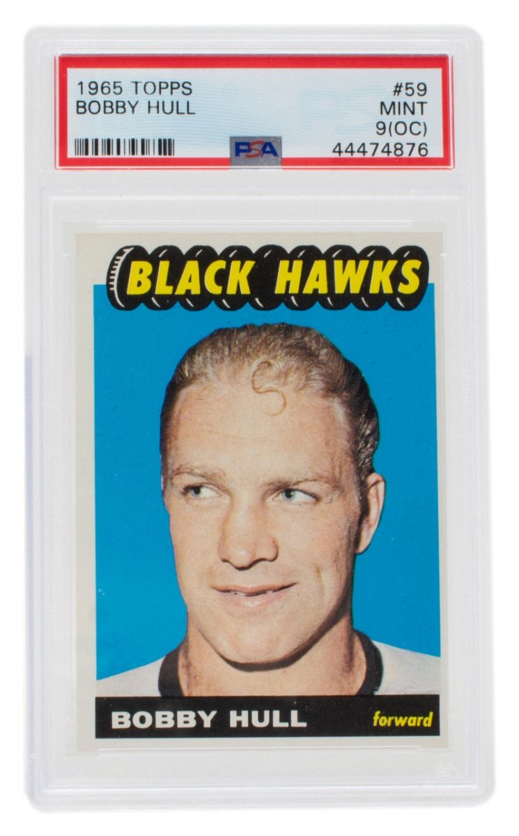 1965 Topps #59 Bobby Hull Chicago Black Hawks Hockey Card PSA Mint 9 OC - Vintage NHL Collectible for Sports Memorabilia Display & Investment