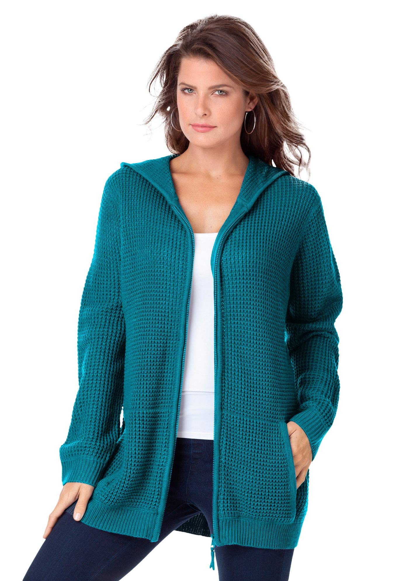 Roaman's Women's Plus Size Thermal Waffle Hoodie Zip Up Cardigan Jacket - Cozy Winter Layering for Outdoor Activities & Lounge Wear