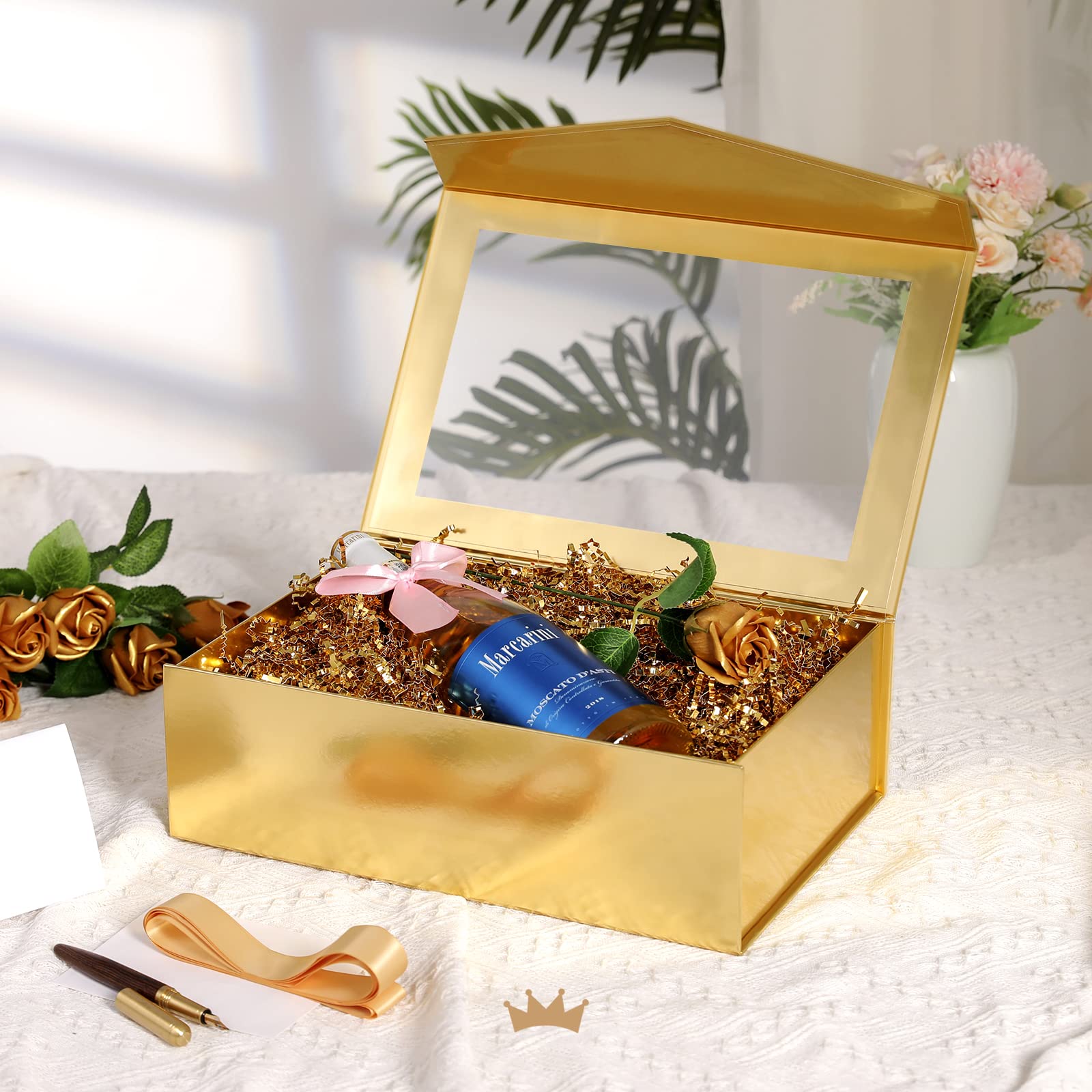 13.5x9x4.1 Inch Large Gold Gift Box with Clear Window - Magnetic Lid Bridesmaid Proposal Box Includes Ribbon & Card (Glossy Gold) | Perfect for Wedding Favors, Birthday Gifts & Special Occasion Presentations