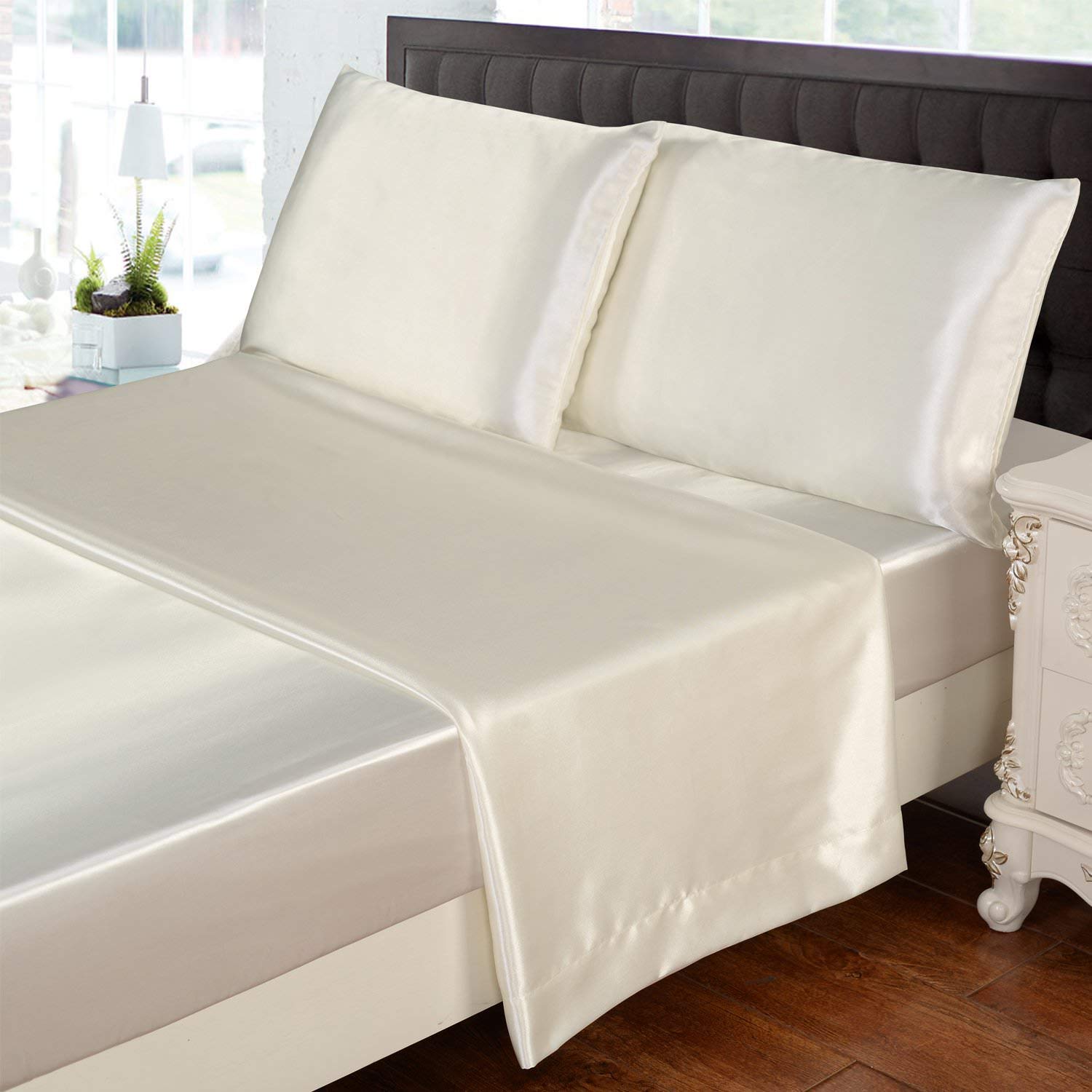 Luxury Silky Satin 4-Piece Queen Bedding Set - Hypoallergenic, Wrinkle & Wash Resistant - Ivory Classic Bed Sheets (Flat Sheet, Fitted Sheet, 2 Pillowcases) for Elegant Bedroom Decor & Hotel-Style Comfort