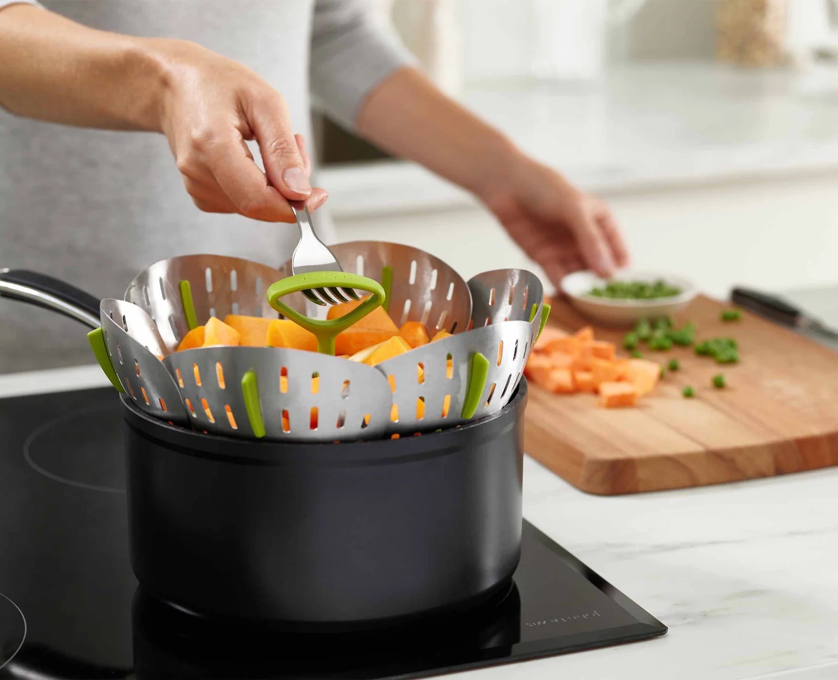 Bloom Folding Steamer Basket for Vegetables & Dumplings - Stainless Steel Collapsible Food Steamer for Healthy Cooking - Perfect for Stovetop, Instant Pot & Microwave Use