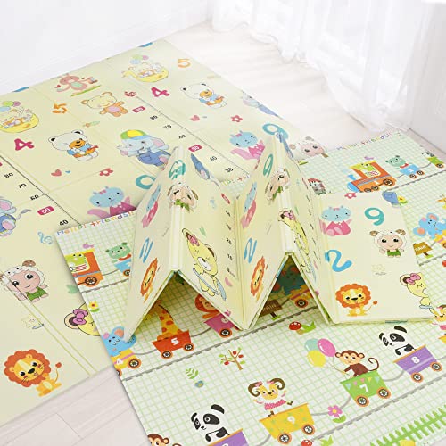Baby Play Mat Set of 2 - Extra Large Folding Foam Floor Playmat for Crawling | Waterproof & Reversible Non-Toxic Kids Activity Mat for Infants, Toddlers & Children | Indoor & Outdoor Use with Animal Train Design | Perfect for Nursery, Playroom & Backyard