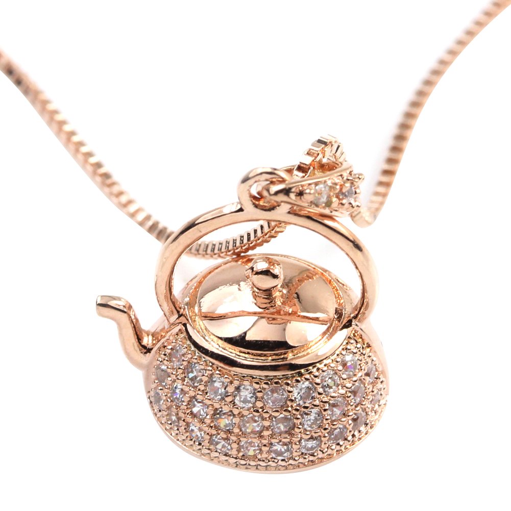 FC JORY White & Rose Gold GP Women's CZ Crystal Teapot Pendant Necklace - Elegant Cute Kettle Charm Jewelry for Girls, Perfect Gift for Tea Lovers & Birthday Occasions