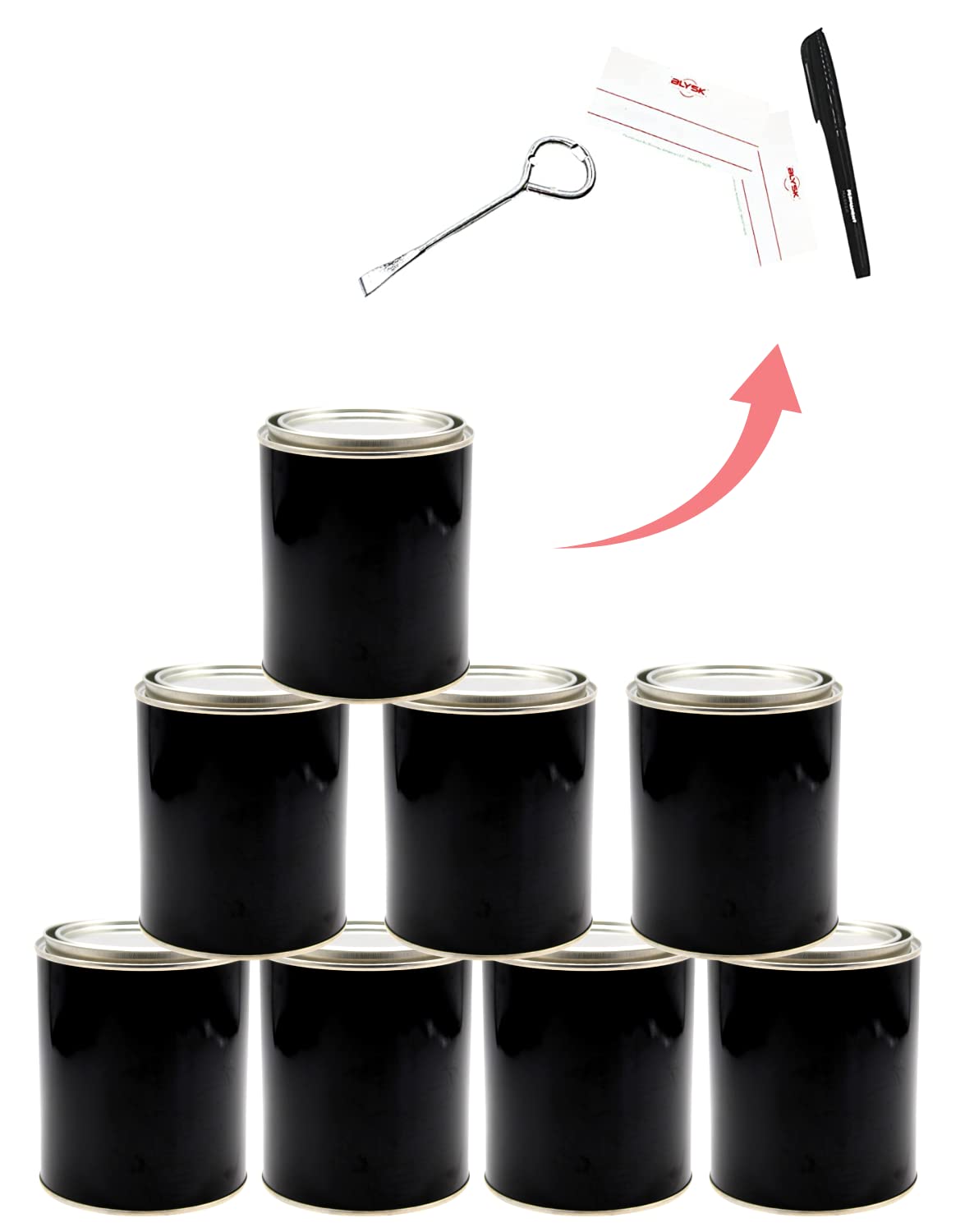 BLYSK 8-Pack Empty Metal Quart Paint Cans with Lids - Unlined Multipurpose Storage Containers for Paint, Art Supplies, Crafts & DIY Projects - Perfect for Garage Organization, Parties & Home Decor (Black, Includes Free Can Opener, Marker & Labels)