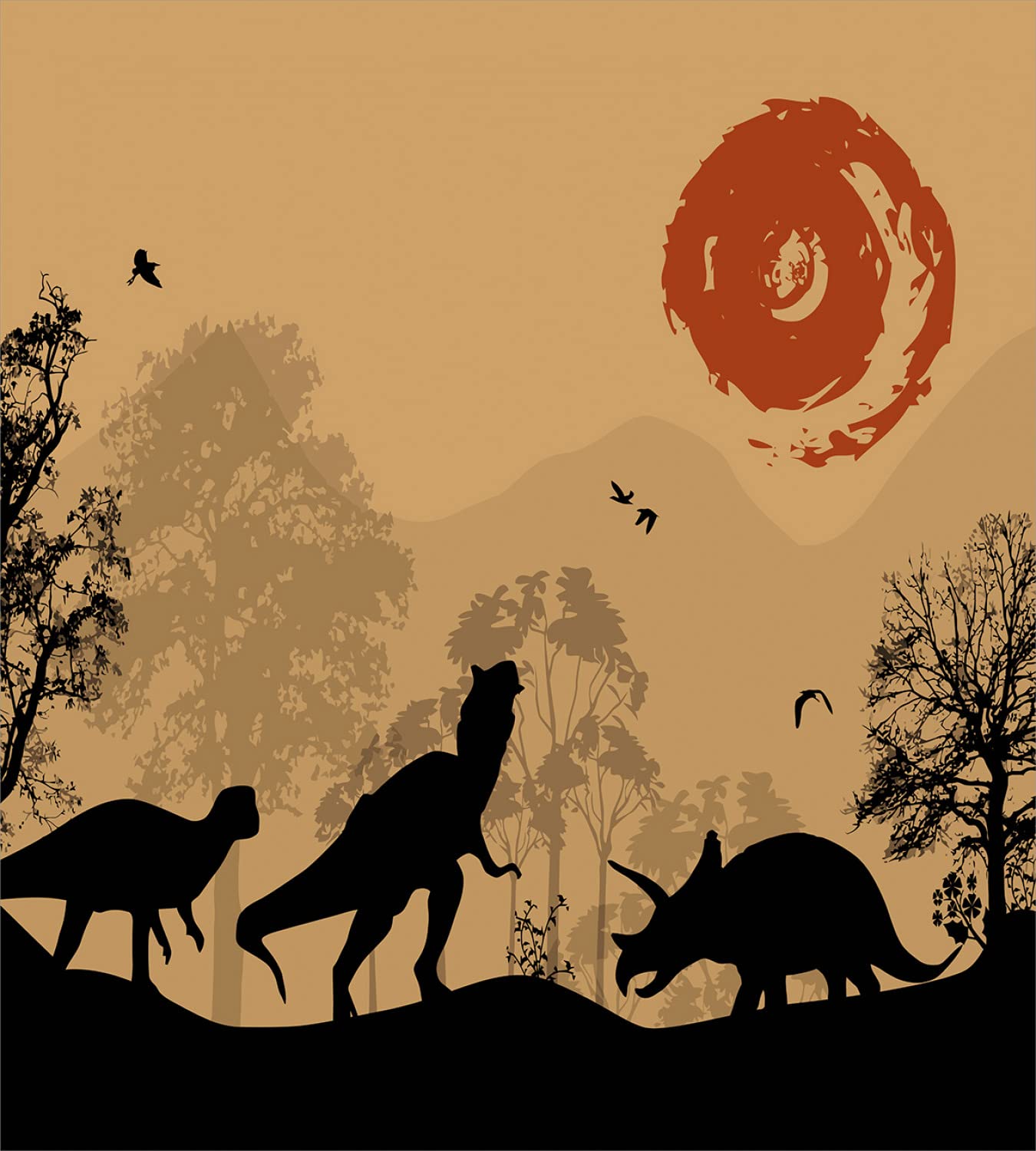 Ambesonne Dinosaur Duvet Cover Set - Twin Size 2-Pack with 2 Pillowcases | Prehistoric Animal Silhouette Design in Pale Brown, Orange & Black | Perfect for Kids' Bedroom, Dinosaur Theme Room & Jurassic Decor