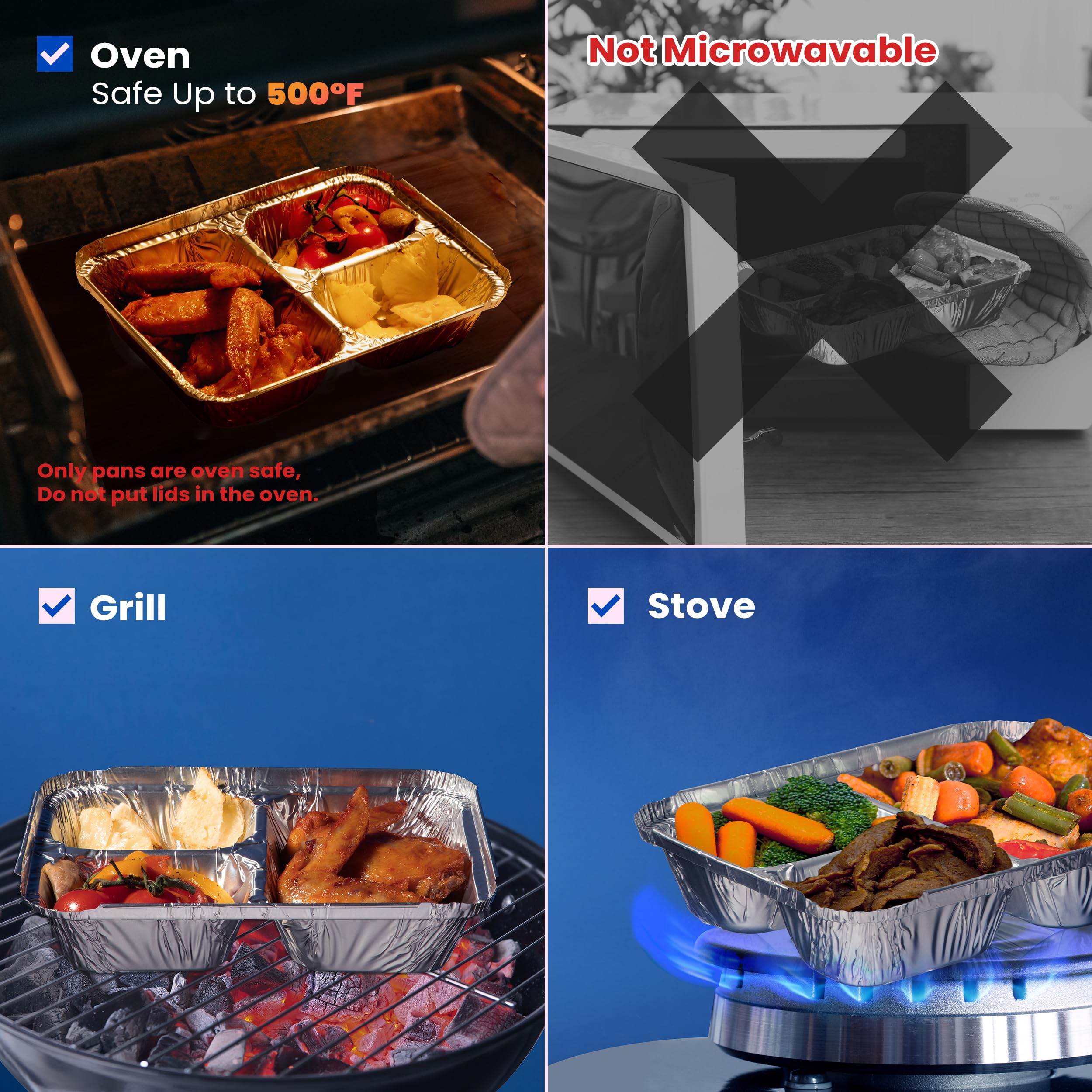 250-Pack Disposable Aluminum Foil Food Containers with Lids - 3 Compartment 8.5x6.5x1.5 Inch Rectangular Meal Prep Pans - Freezer, Oven & Microwave Safe for Takeout, Leftovers & Party Food Storage
