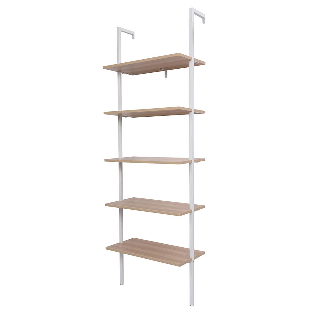 5-Tier Industrial Ladder Shelf - Wall Mounted Bookcase & Display Storage Rack with Metal Frame for Plants, Books & Home Decor - Perfect for Living Room, Kitchen, Office & Small Spaces (Walnut Finish)