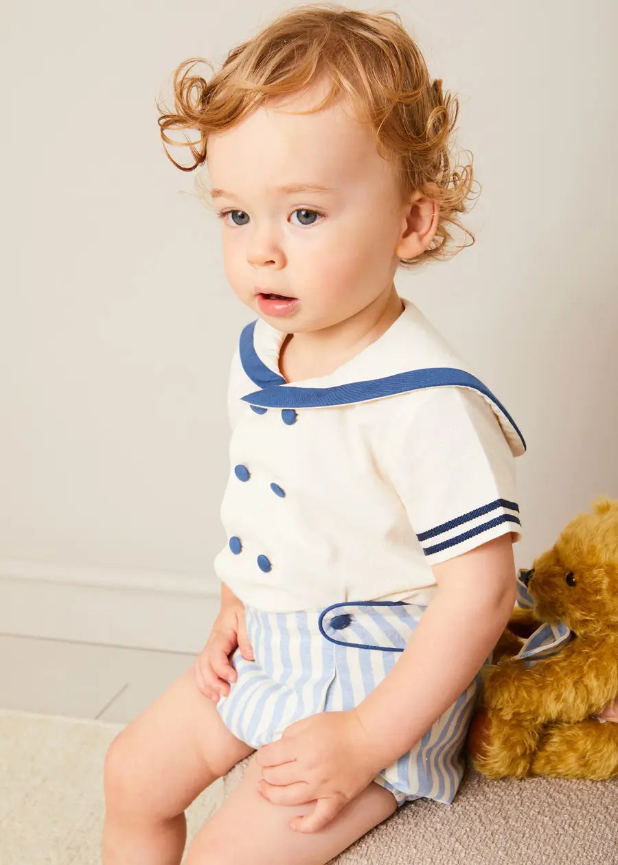 Blue Regency Stripe Mariner Collar Two-Piece Set with Bloomers for Baby Girls 6 Months to 3 Years | Vintage-Inspired Outfit for Photoshoots, Parties & Special Occasions