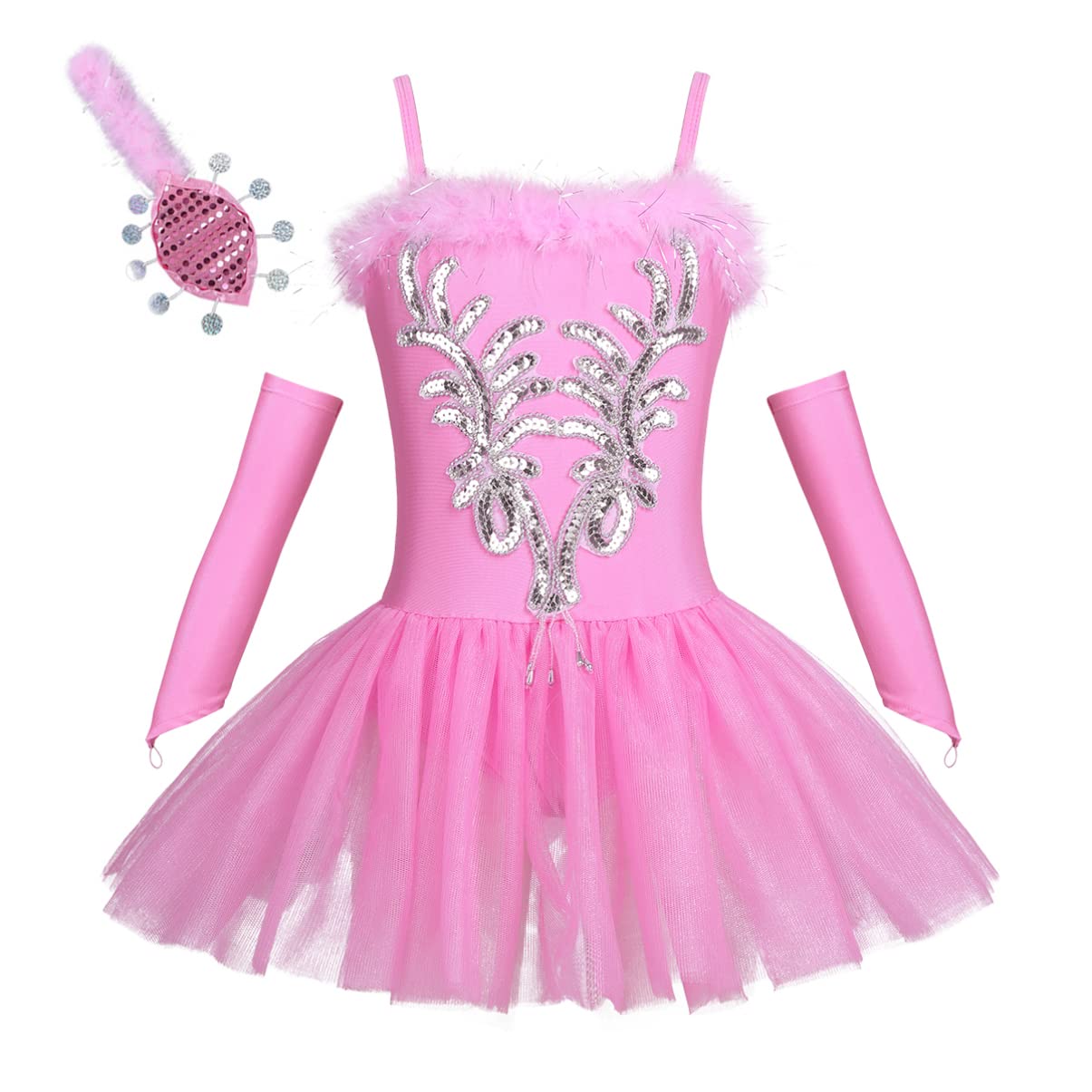Girls Swan Lake Ballet Tutu Dress with Sequins - Dance Leotard Costume Set Includes Fingerless Gloves & Hair Clip | Perfect for Ballet Recitals, Dance Performances & Themed Birthday Parties
