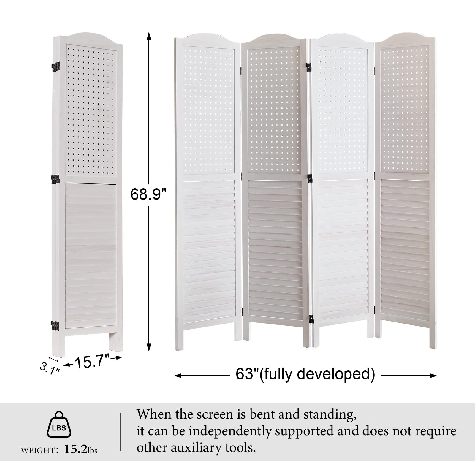 5.75Ft Wooden Freestanding 4-Panel Pegboard Display - Multifunctional Privacy Screen & Room Divider for Craft Fairs, Jewelry Displays, Trade Shows & Home Organization (White) - Perfect for Retail Stores, Craft Booths & Office Partitions