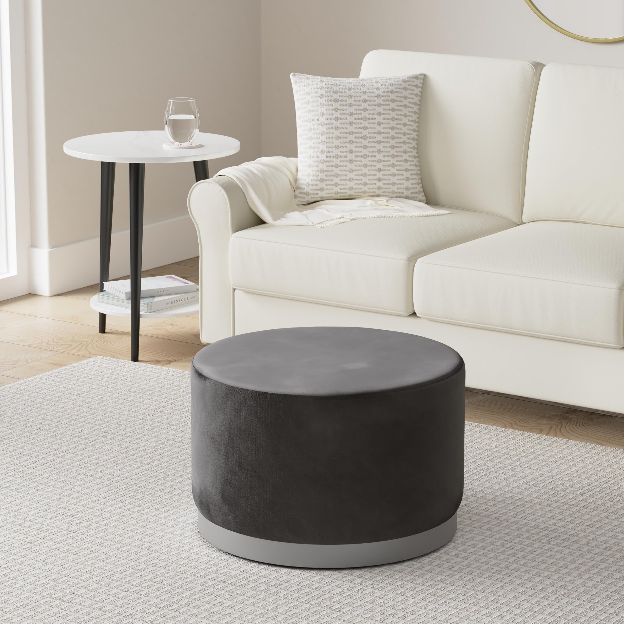 BIRDROCK HOME Large Round Velvet Ottoman Pouf with Silver Trim - Soft Padded Foot Rest Stool for Living Room, Bedroom & Office - Grey Velvet Decor - Perfect as Coffee Table Ottoman, Shoe Storage Seat, Vanity Stool or Desk Footrest