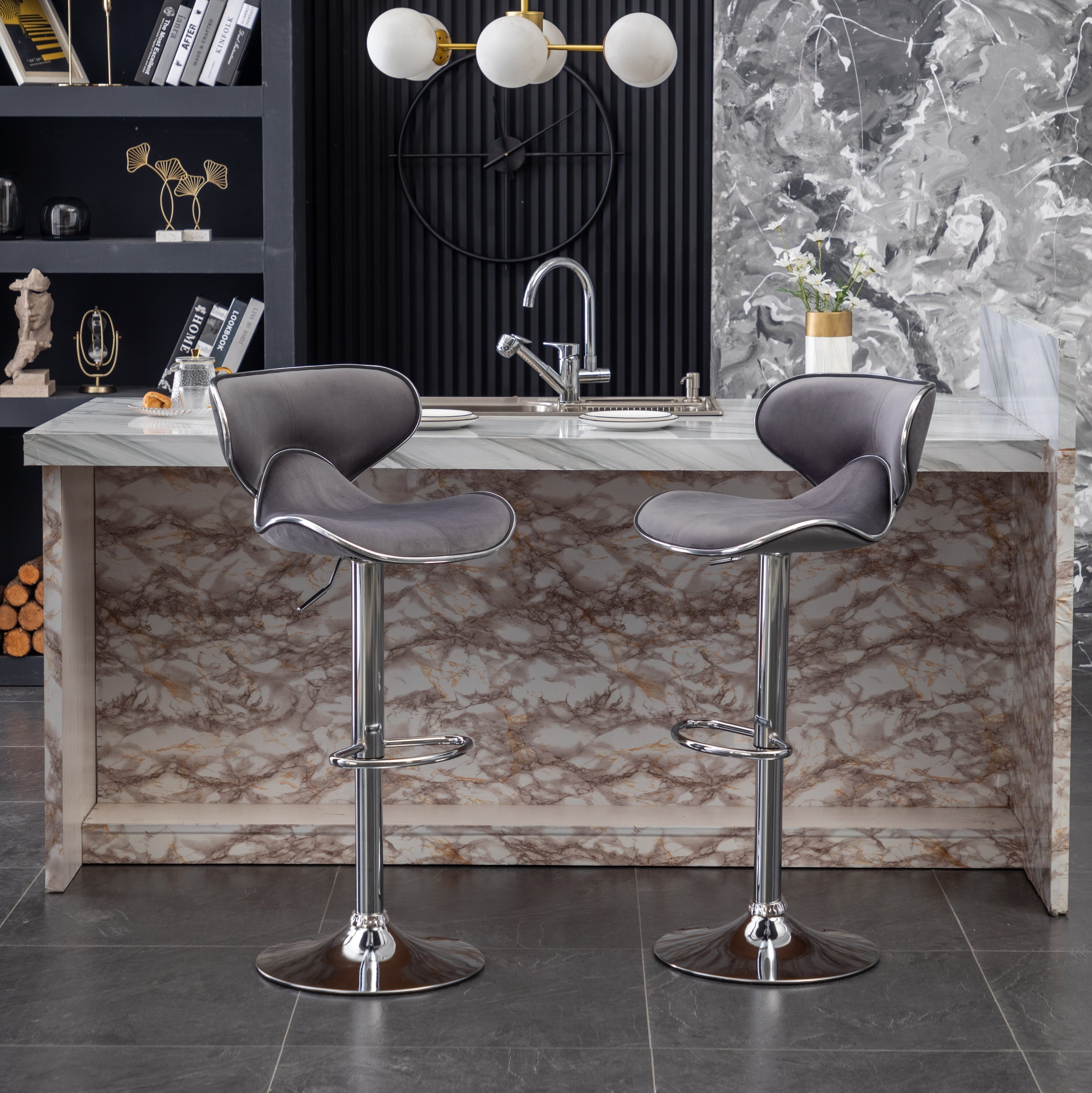 Roundhill Furniture Masaccio Velvet Upholstered Adjustable Swivel Bar Stool - Set of 2, Gray - Modern Kitchen Island & Home Bar Stools for Dining & Entertaining