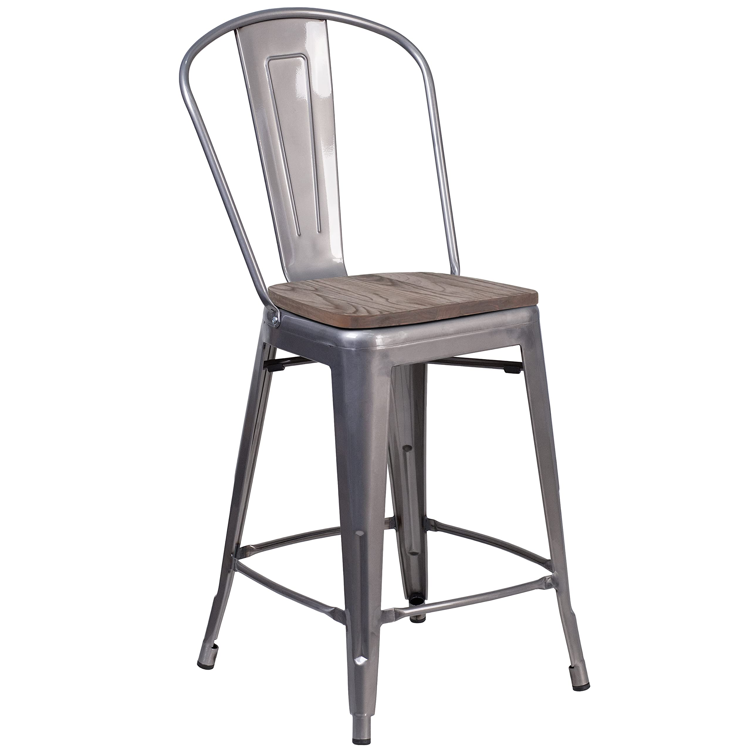 EMMA + OLIVER 24 Inch H Clear Coated Counter Height Bar Stool with Back Support & Wood Seat - Perfect for Kitchen Islands, Breakfast Bars & Home Dining Areas