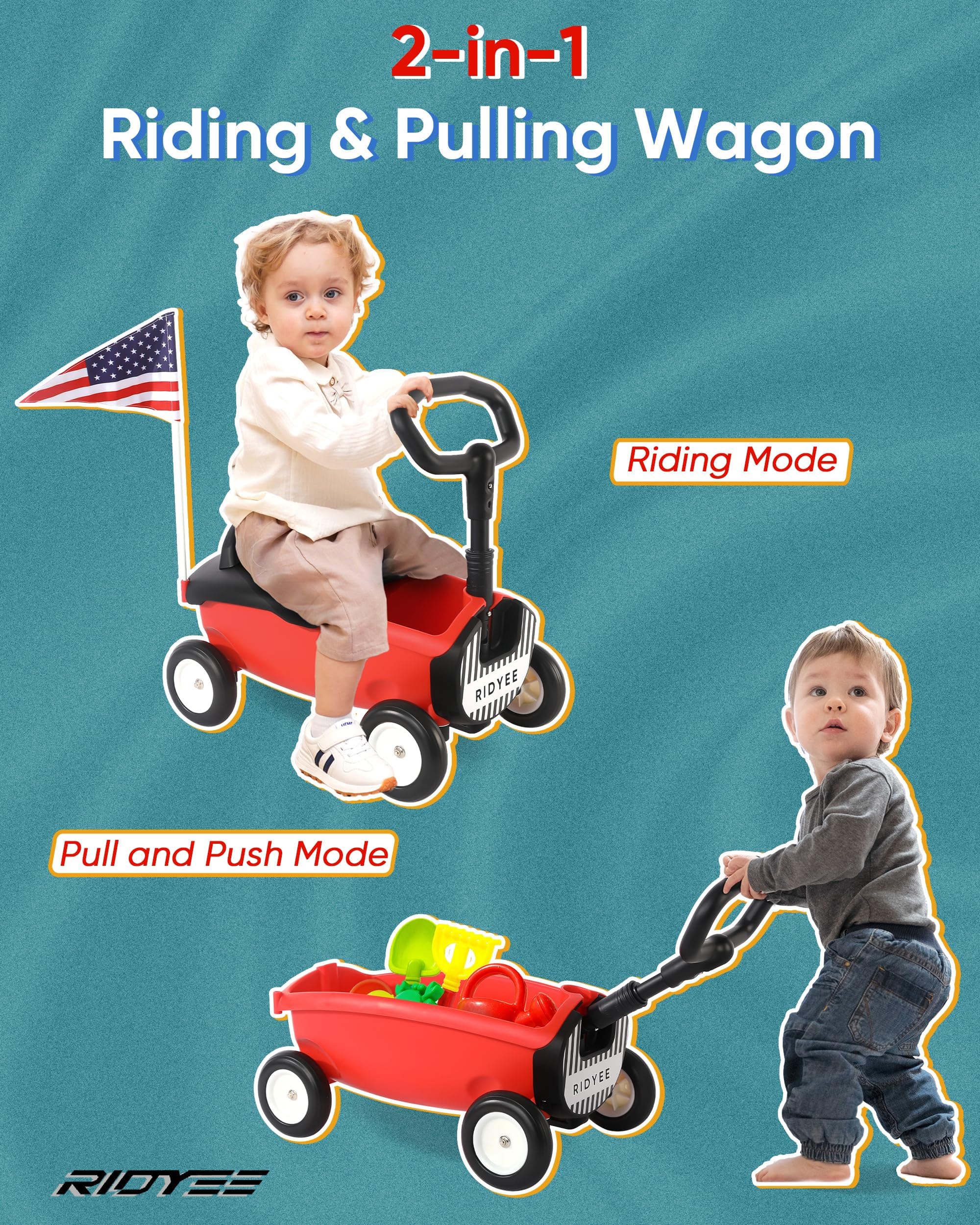 2-in-1 Toy Wagon for Toddlers 1-3 Years Old | Kids Pull Along Wagon with Removable Seat & Adjustable Handle | Baby Push Walker with 8L Large Storage Basket, Steering Limit & DIY Stickers | Red Ride-On Toy for Indoor/Outdoor Play, Park Visits & Backyard Fun