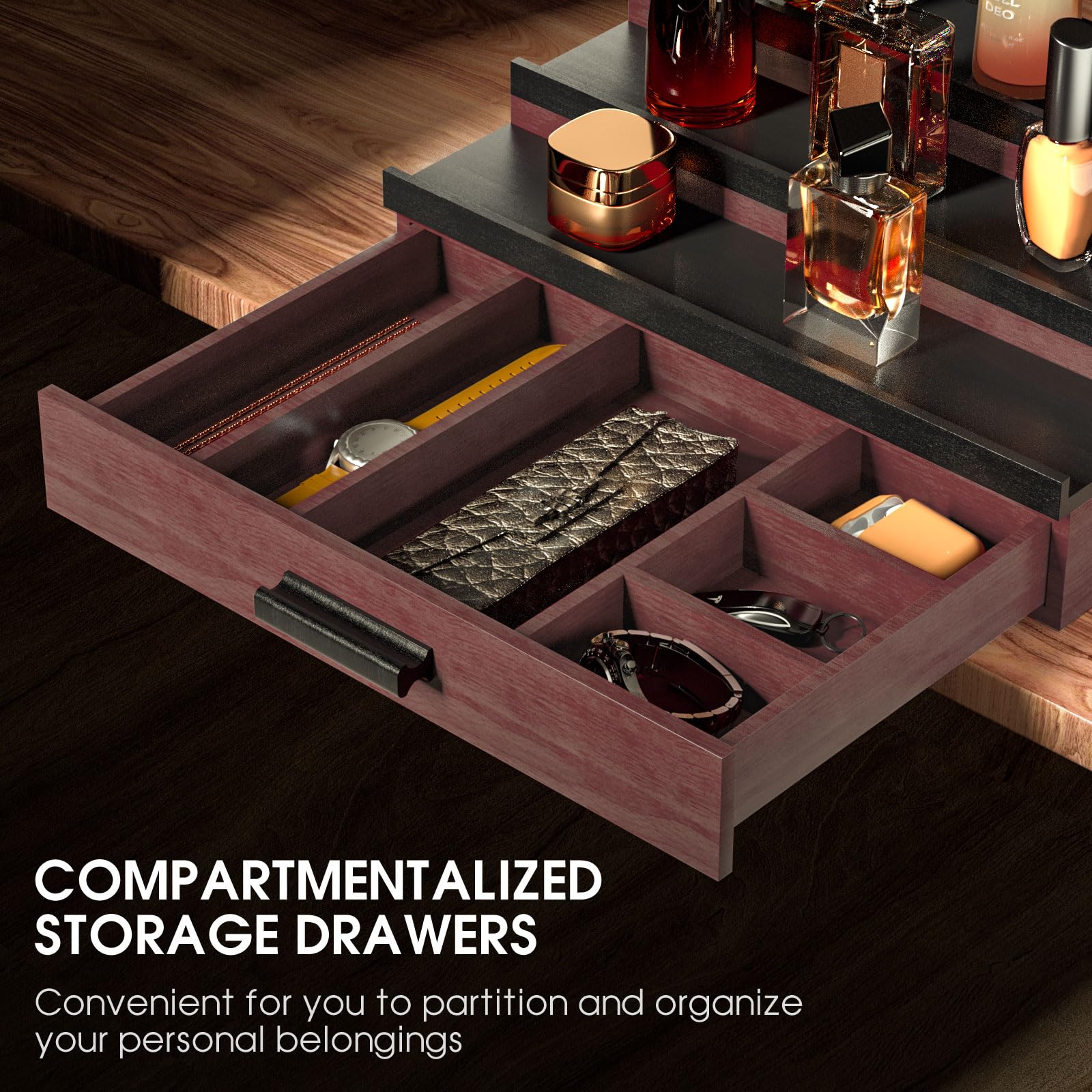 Premium 3-Tier Wooden Cologne Organizer for Men - Perfume Display Shelf with Drawer Storage, Fragrance Organization & Display Risers - Perfect Gift for Him, Dad, Husband (Burgundy Black) - Ideal for Bedroom Vanity, Bathroom Counter & Dresser Top Organization