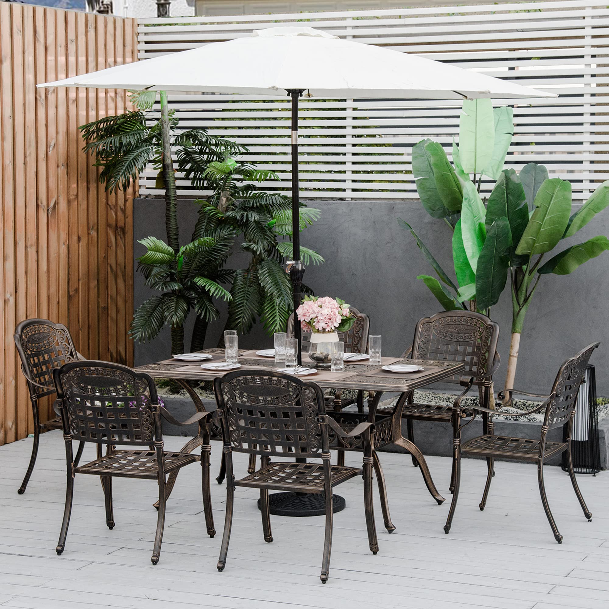 Outsunny 7-Piece Patio Dining Set - Durable Cast Aluminum Outdoor Furniture with 6 Armchairs & 1 Table, Bronze Finish with Umbrella Hole - Perfect for Backyard, Garden, Poolside & Outdoor Entertaining