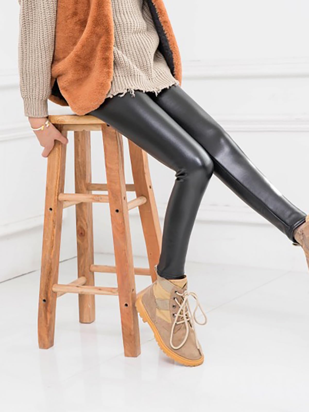 LOLANTA Girls Faux Leather Pants - Winter Fleece Lined Leggings for Kids, Stretchy Fashion Trousers - Perfect for School, Playdates & Holiday Outfits