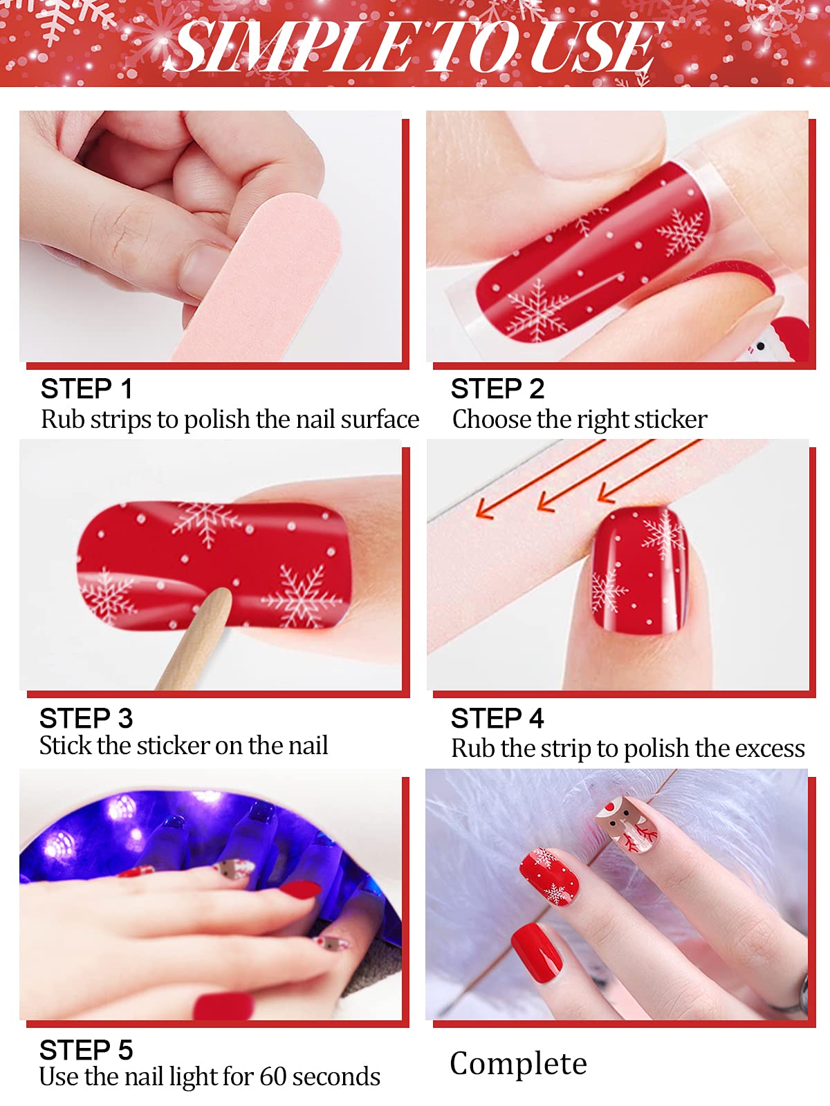 EBANKU Christmas Semi Cured Gel Nail Strips - Snowflake Elk UV Gel Nail Stickers for Women & Girls, DIY Nail Art Decorations (UV/LED Lamp Required) - Perfect for Holiday Parties, Gift Giving & Festive Nail Designs