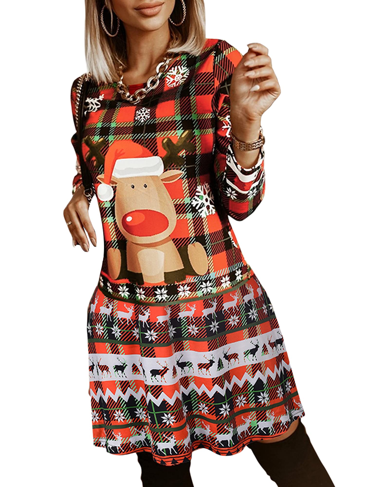 Vintage Floral Print Knitted Christmas Dress for Women - Long Sleeve High Waist Short Party Dress for Holiday Gatherings, Christmas Parties & Festive Celebrations