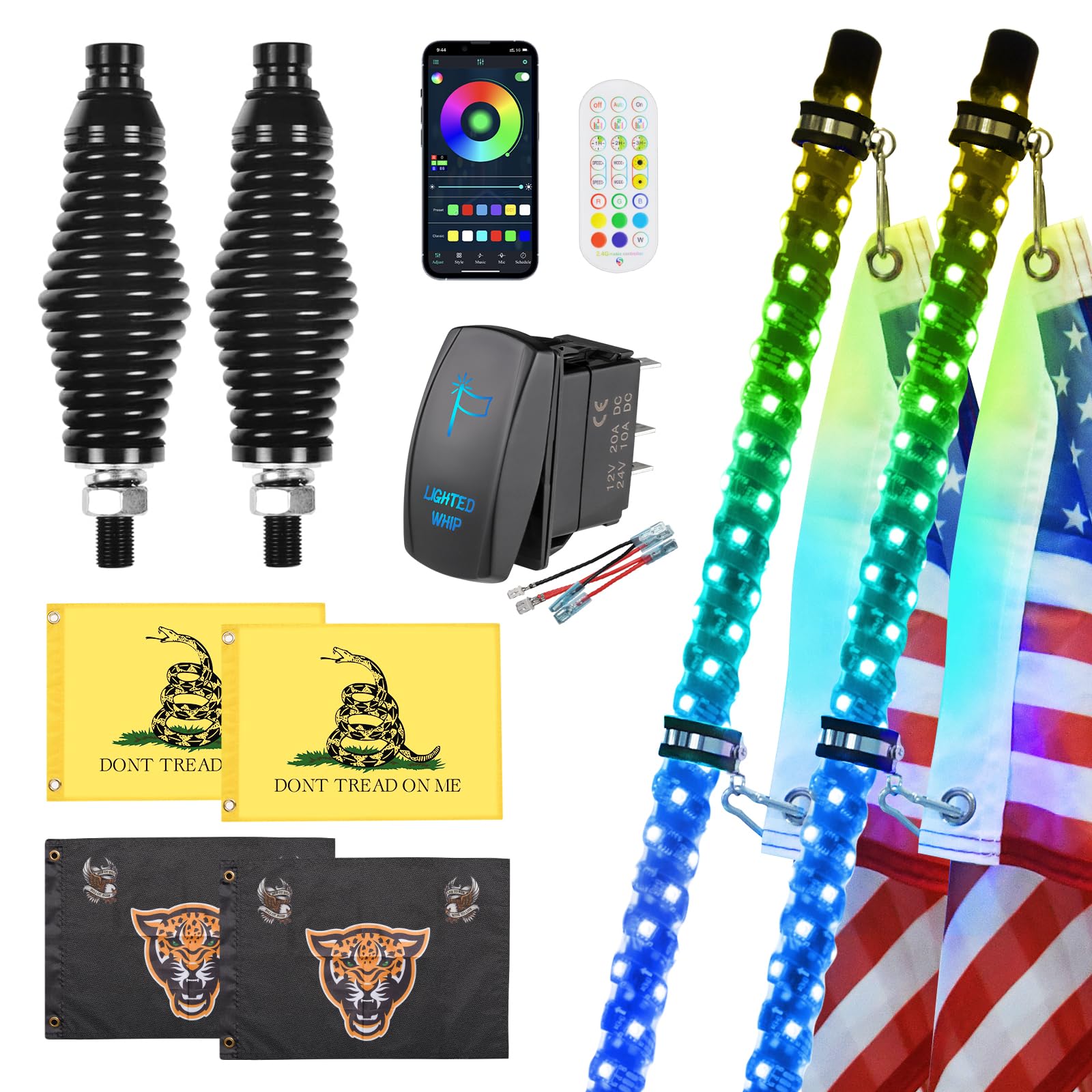 2 Pack 3FT LED Whip Lights with Spring Base - RGB Spiral Chasing Lights with App & Remote Control, Rocker Switch - Music Sync for UTV ATV Polaris RZR Can-Am SXS Trucks - Perfect for Off-Roading, Night Rides & Desert Adventures
