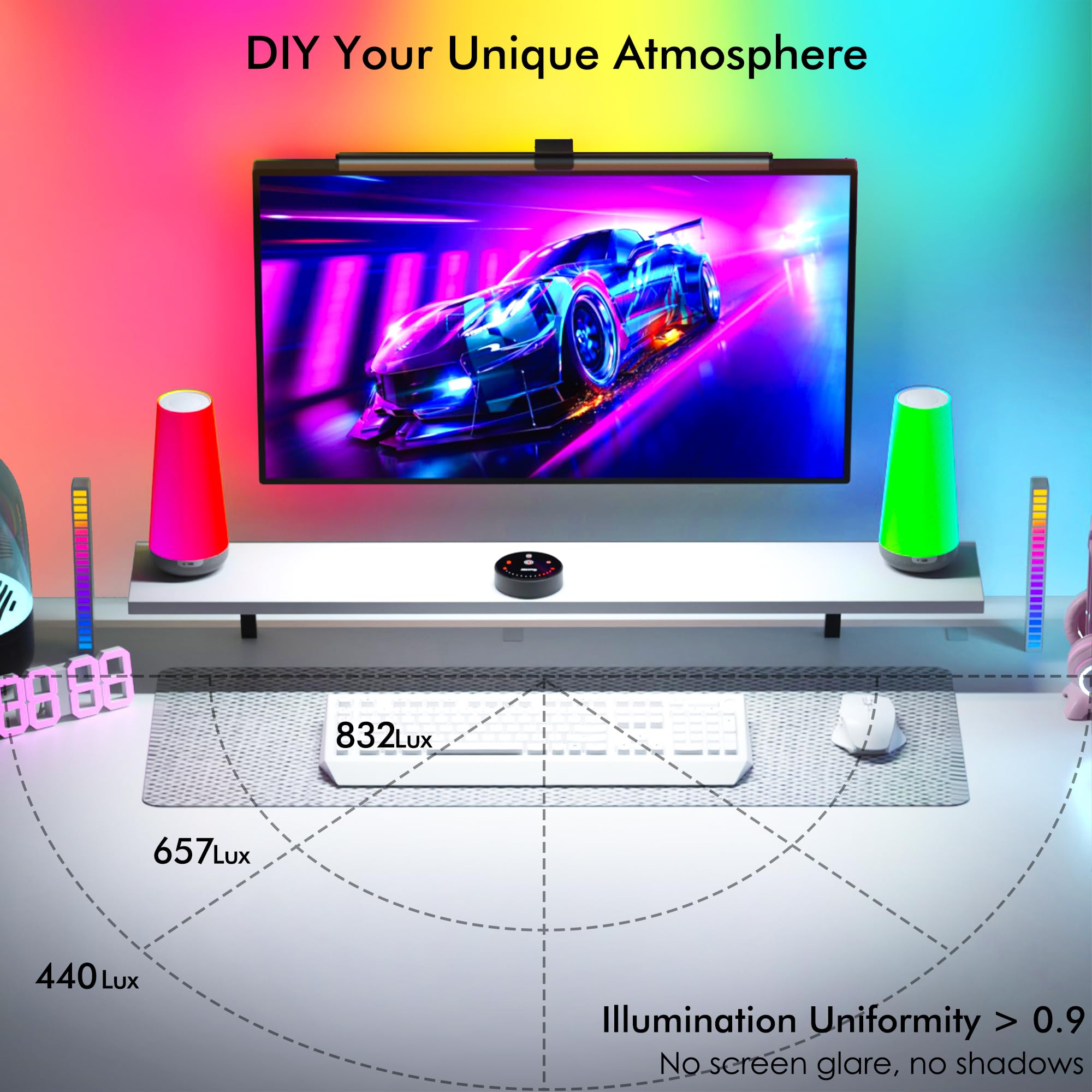 Quntis 51cm USB Computer Monitor Light Bar with Remote Control - 88+32 LED RGB Gaming Desk Lamp, 15 Color Adjustable Ambient Lighting for PC Screen | Perfect for Gaming Setup, Home Office & Nighttime Computer Use
