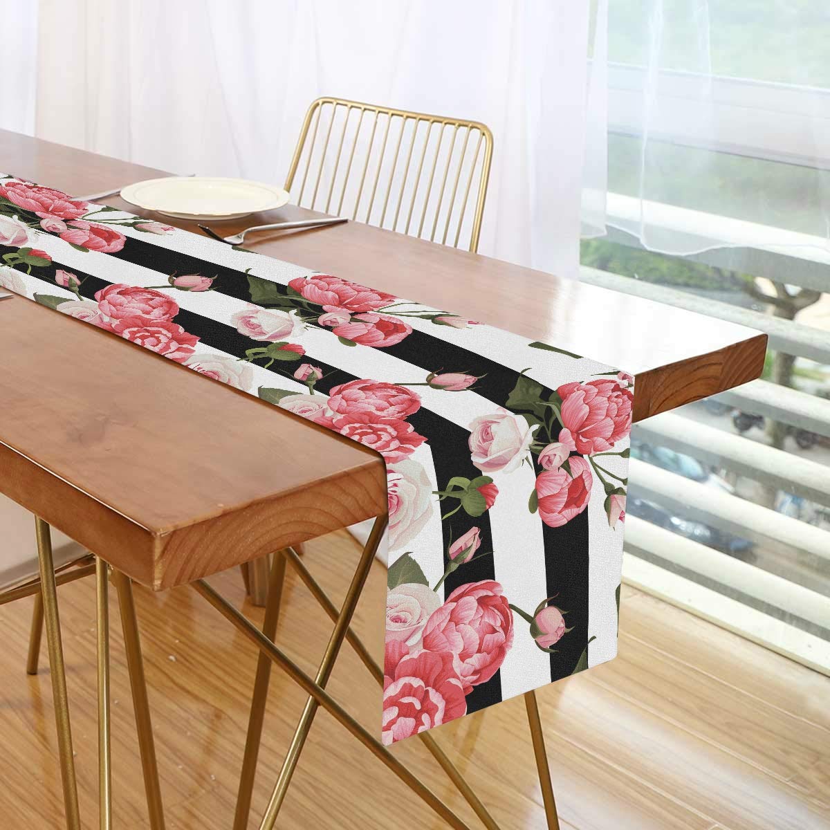 MOYYO Floral Peony Rose Table Runner 13x90 Inch - Polyester Dining Table Decor for Weddings, Parties, Banquets | Perfect for Coffee Tables, Birthday Celebrations & Home Decoration