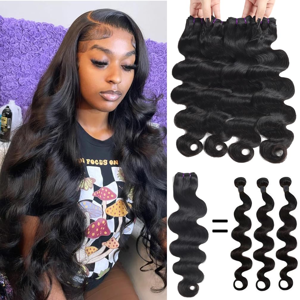 Borchan 4 Bundles Body Wave Human Hair Weave 14-20 Inch | 100% Unprocessed Brazilian Virgin Hair | 16A Grade Natural Black Color | Perfect for Sew-in Weaves, Wigs & Hair Extensions | Best for Salon & Home Use