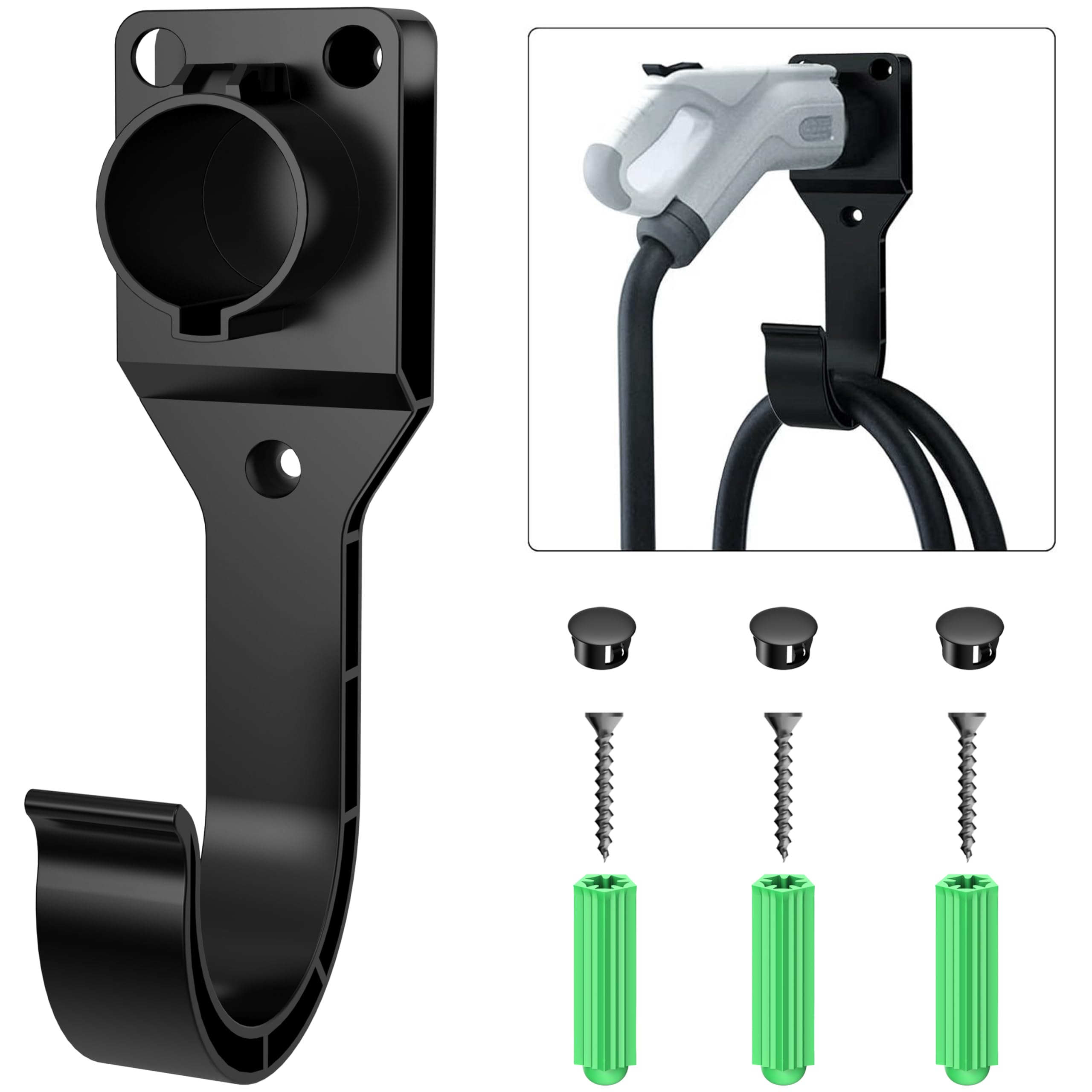SAE J1772 EV Charger Holder - Wall Mount Electric Vehicle Charger Holster with Hook & Dust Caps (Includes 3 Screws, 3 Wall Anchors) - Perfect for Home & Public Charging Stations