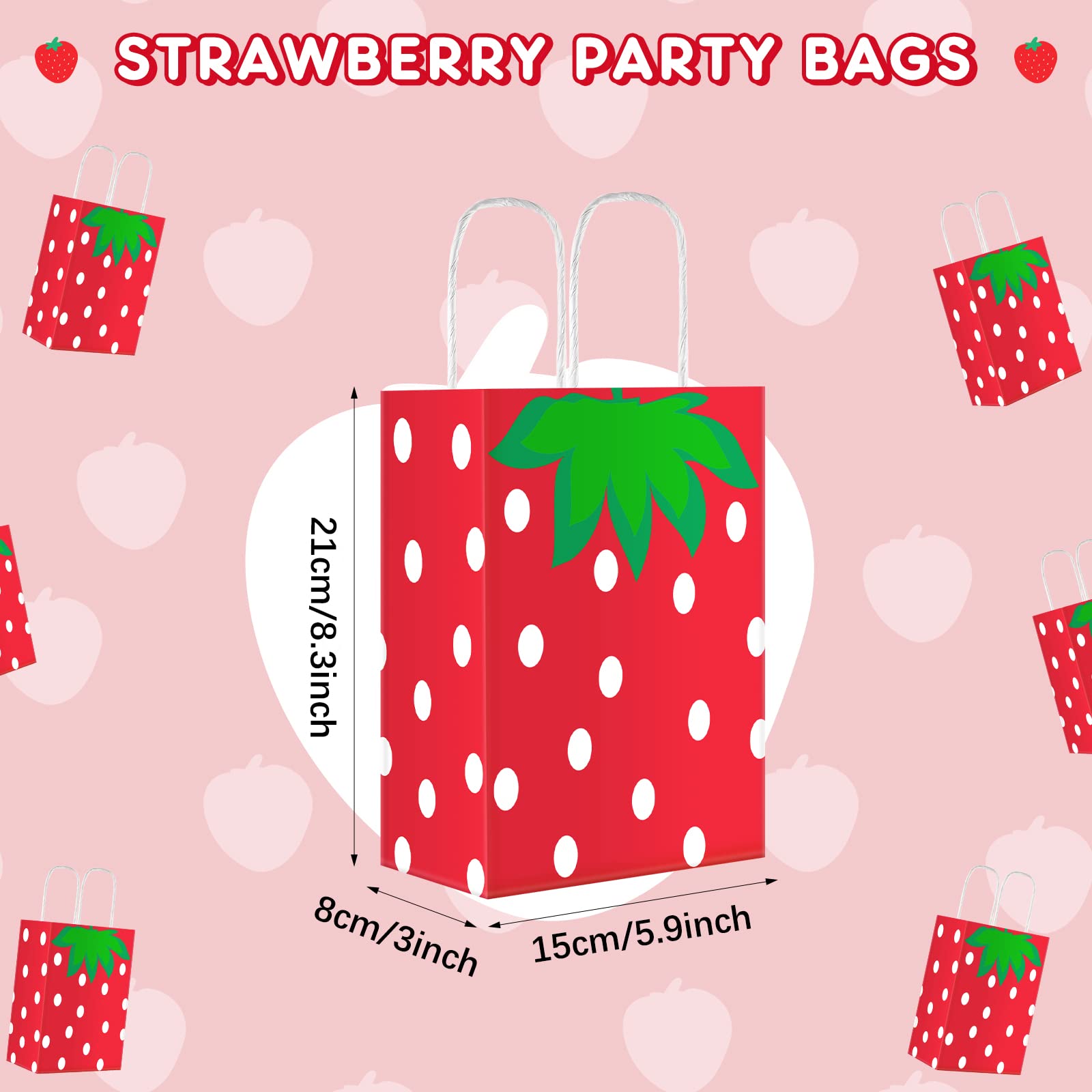 20-Piece Strawberry Party Favor Bags with Handles - Cute Strawberry Treat Candy Bags for Wedding, Birthday & Baby Shower Decorations - Perfect for Strawberry Theme Parties, Dessert Tables & Gift Packaging