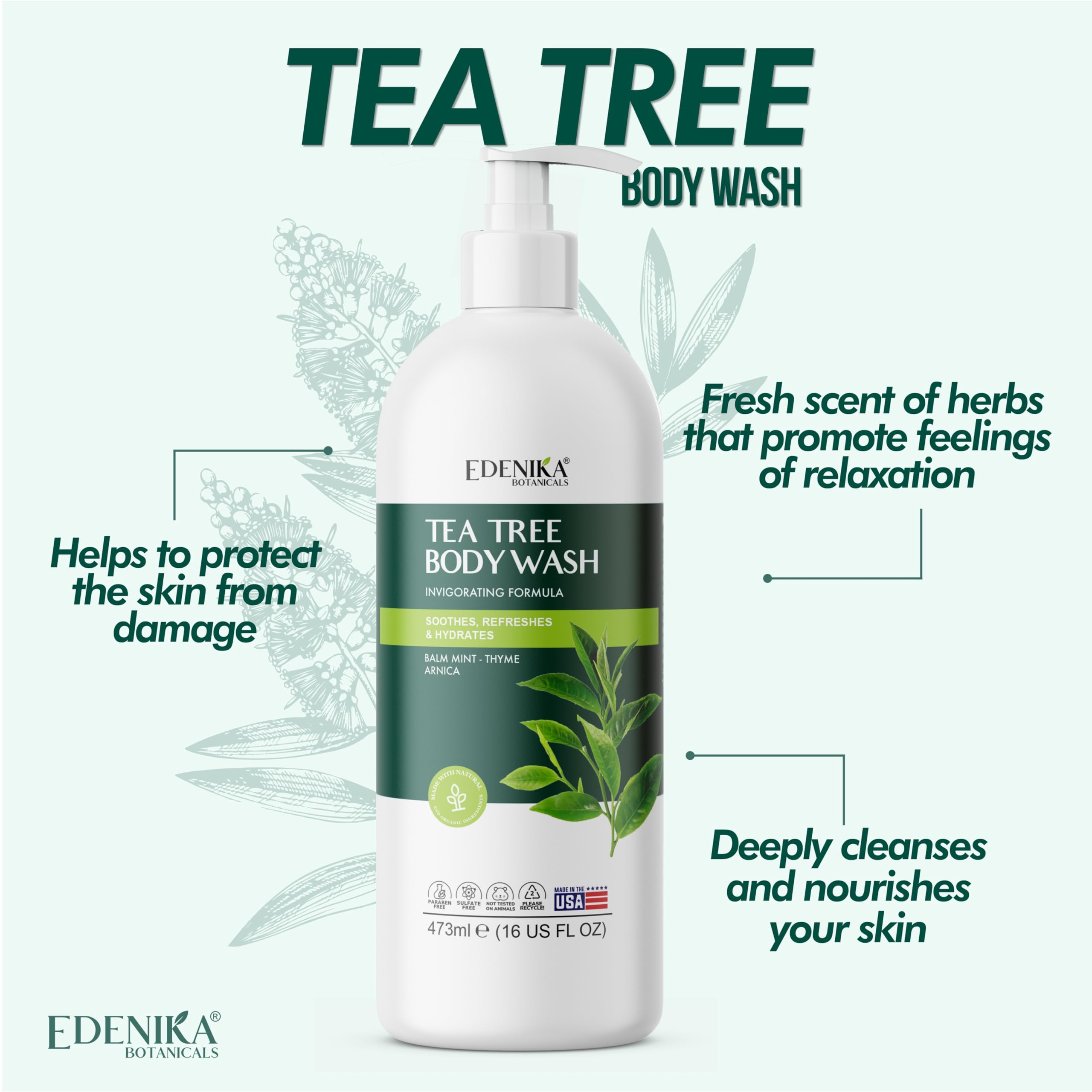 Tea Tree Oil & Mint Body Wash for Men & Women - Deep Cleansing, Antifungal & Antibacterial - Fights Body Odor, Athlete's Foot, Ringworm - Soothes Skin Irritations - 16 Fl Oz (Pack of 2) - Perfect for Gym, Sports & Daily Shower Routine