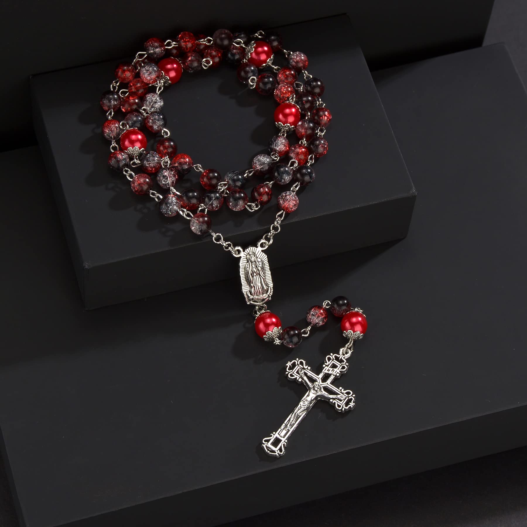 8mm Crystal Glass Beads Catholic Rosary Necklace with Guadalupe Medal - Red Beaded Religious Jewelry for Women & Girls - Christian Gift Set in Velvet Pouch (Perfect for Prayer, Worship & Faith-Based Occasions)