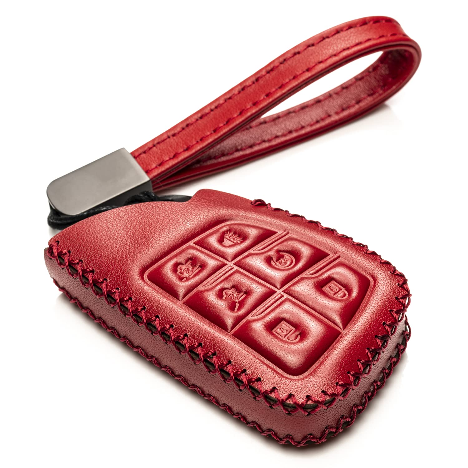 Genuine Leather Smart Key Fob Case with Leather Key Strap - Compatible with Chevrolet Suburban 2025, Tahoe 2025, Silverado 2025 (6-Button, Red) | Premium Protection & Style for Your Car Keys | Perfect for Daily Use, Travel & Gift Giving