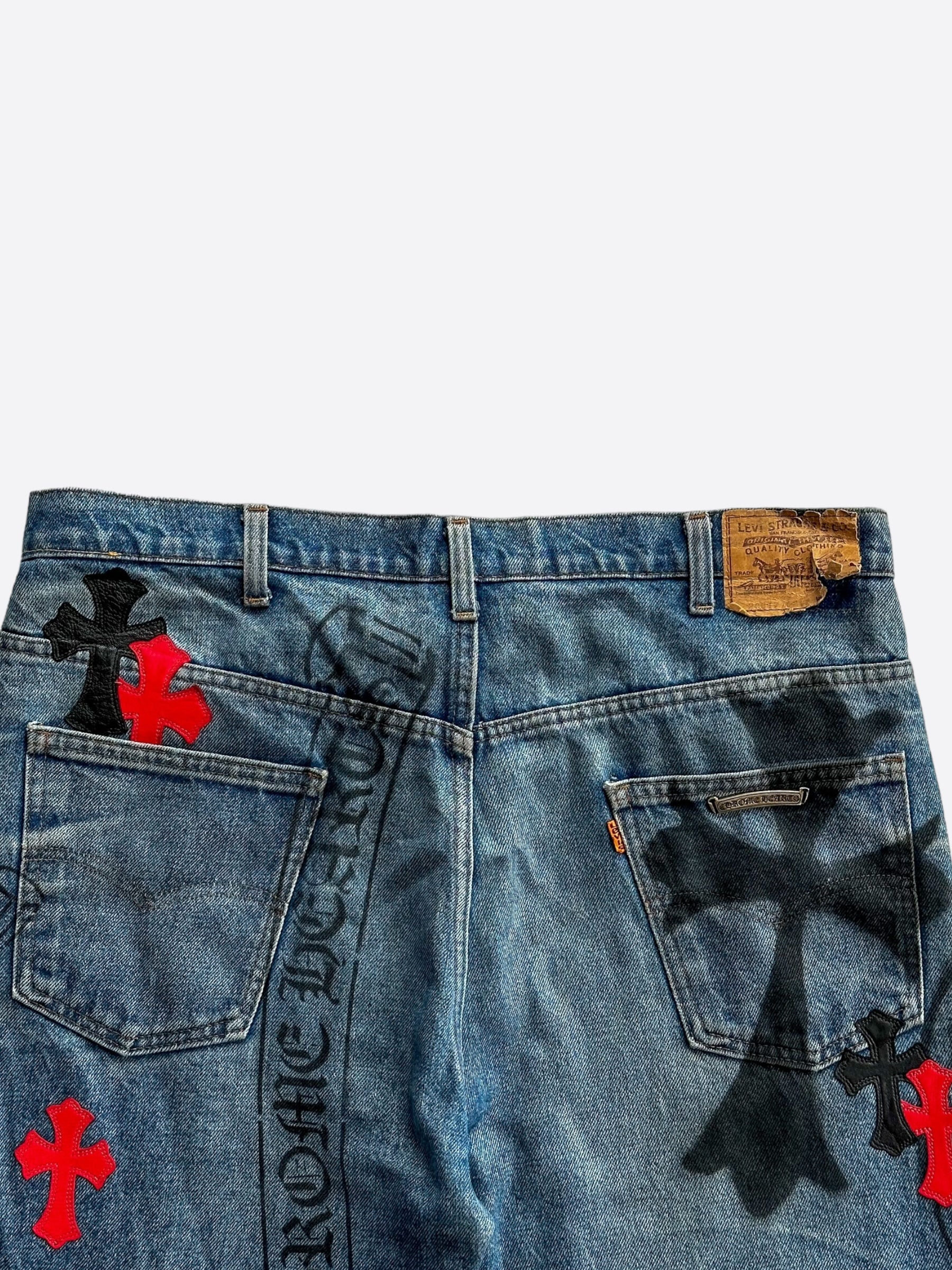 Chrome Hearts x Levi's Blue Black & Red Cross Patch Stencil Jeans for Men - Vintage Distressed Denim Pants for Casual Wear & Street Style