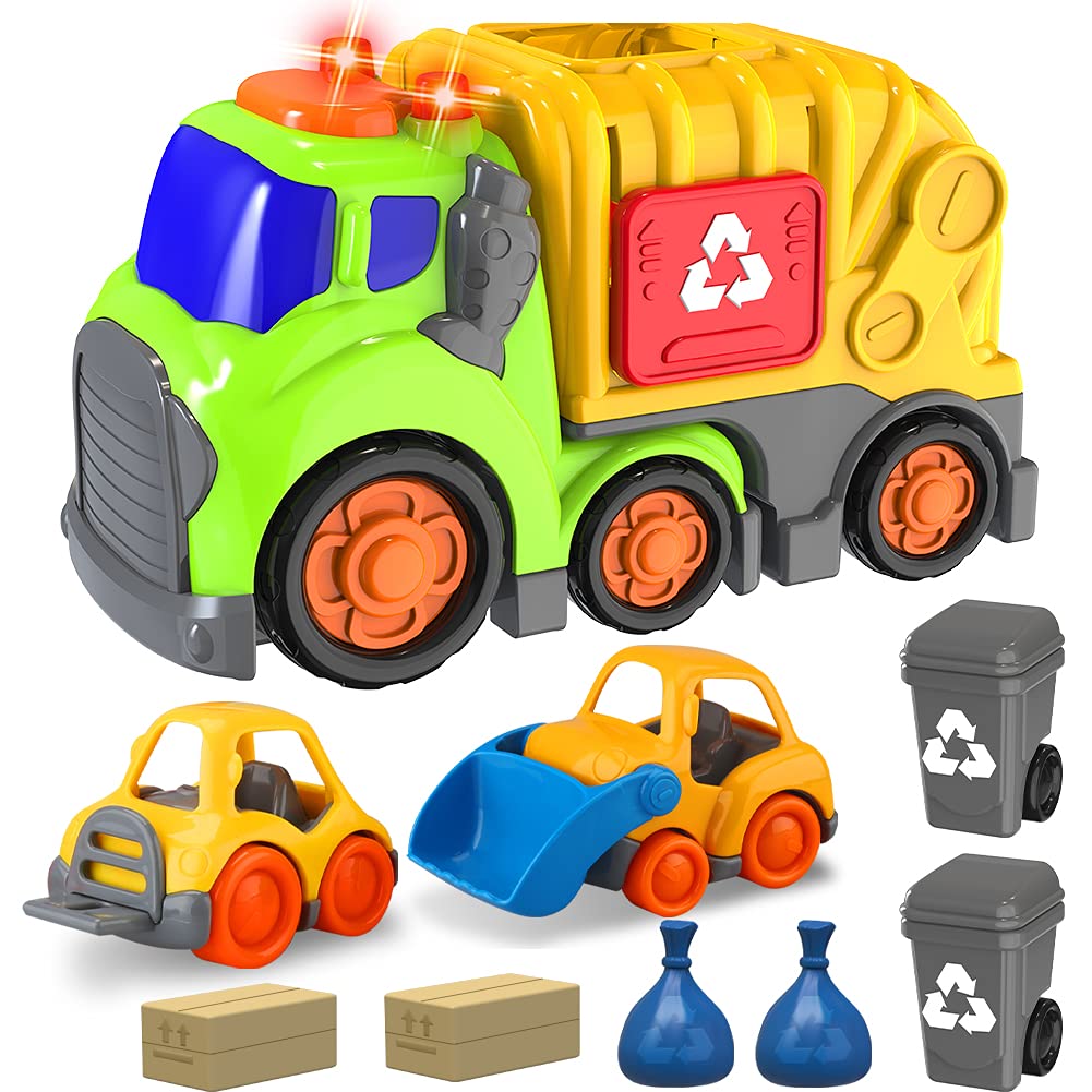 Best Car Toys for Toddlers Ages 1-4 - Interactive Garbage Truck with 2 Cans, Bulldozer & Forklift Set - Fun Light & Sound Trash Truck & Recycling Vehicle Playset - Perfect Christmas & Birthday Gift for Boys & Girls - Indoor Play & Learning Activities