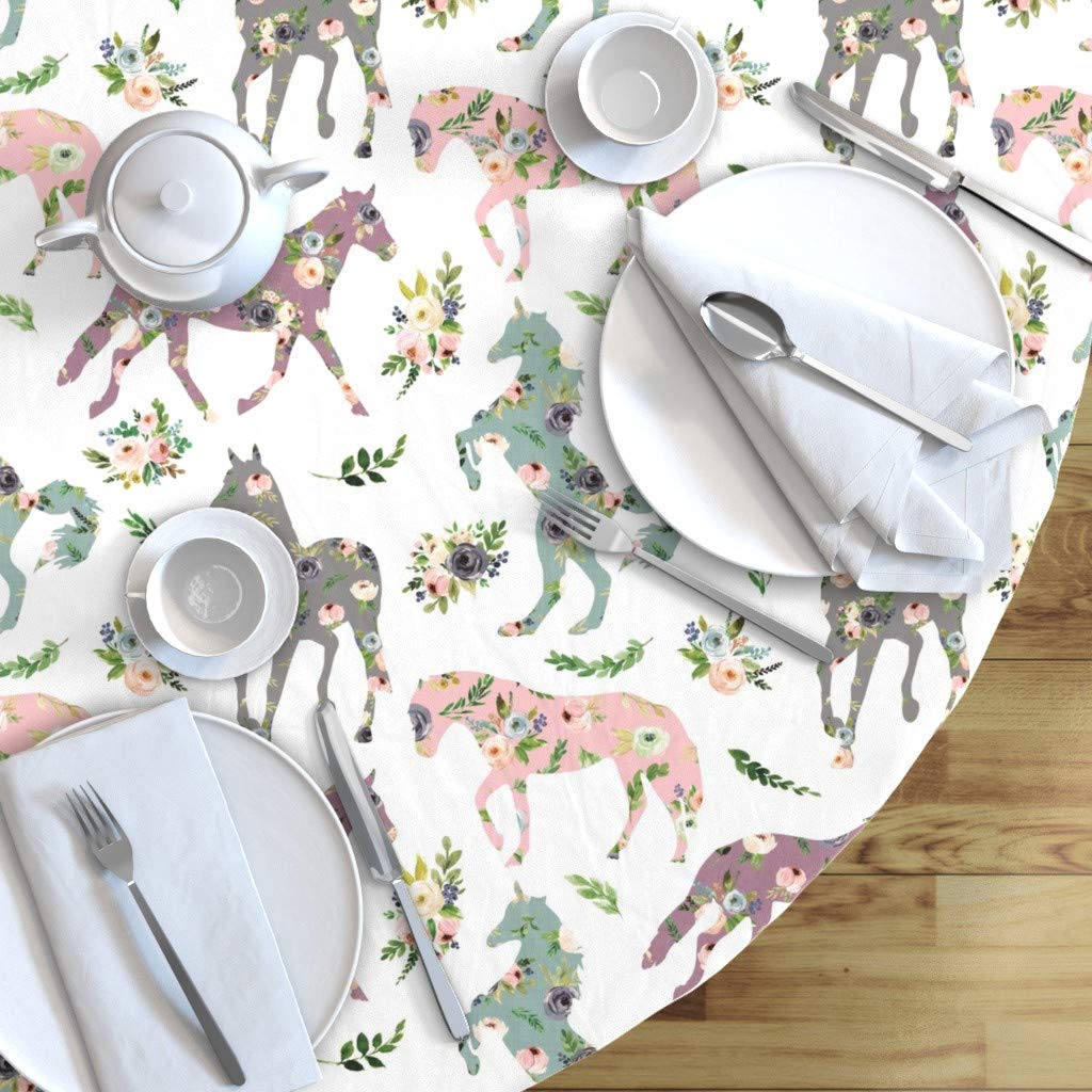 Custom Floral Patchwork Equestrian Pony Print Cotton Sateen Tablecloth - 70 Inch Round Blue & Pink Table Linens for Dining Room, Kitchen Decor, and Special Occasions