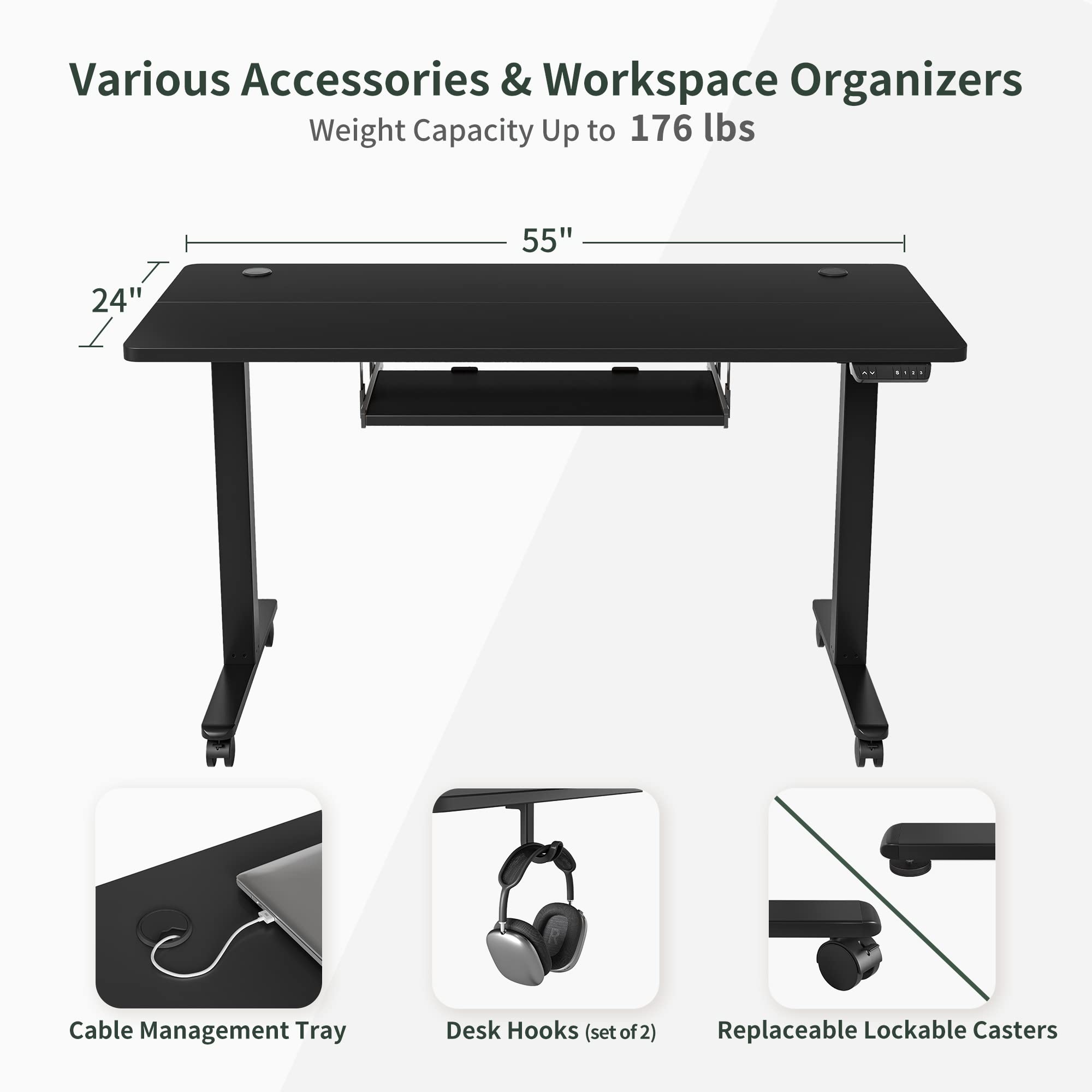 BANTI 55 x 24 Inch Electric Height Adjustable Standing Desk with Keyboard Tray | Sit Stand Workstation with Splice Board | Black Frame & Black Top | Perfect for Home Office & Gaming Setup