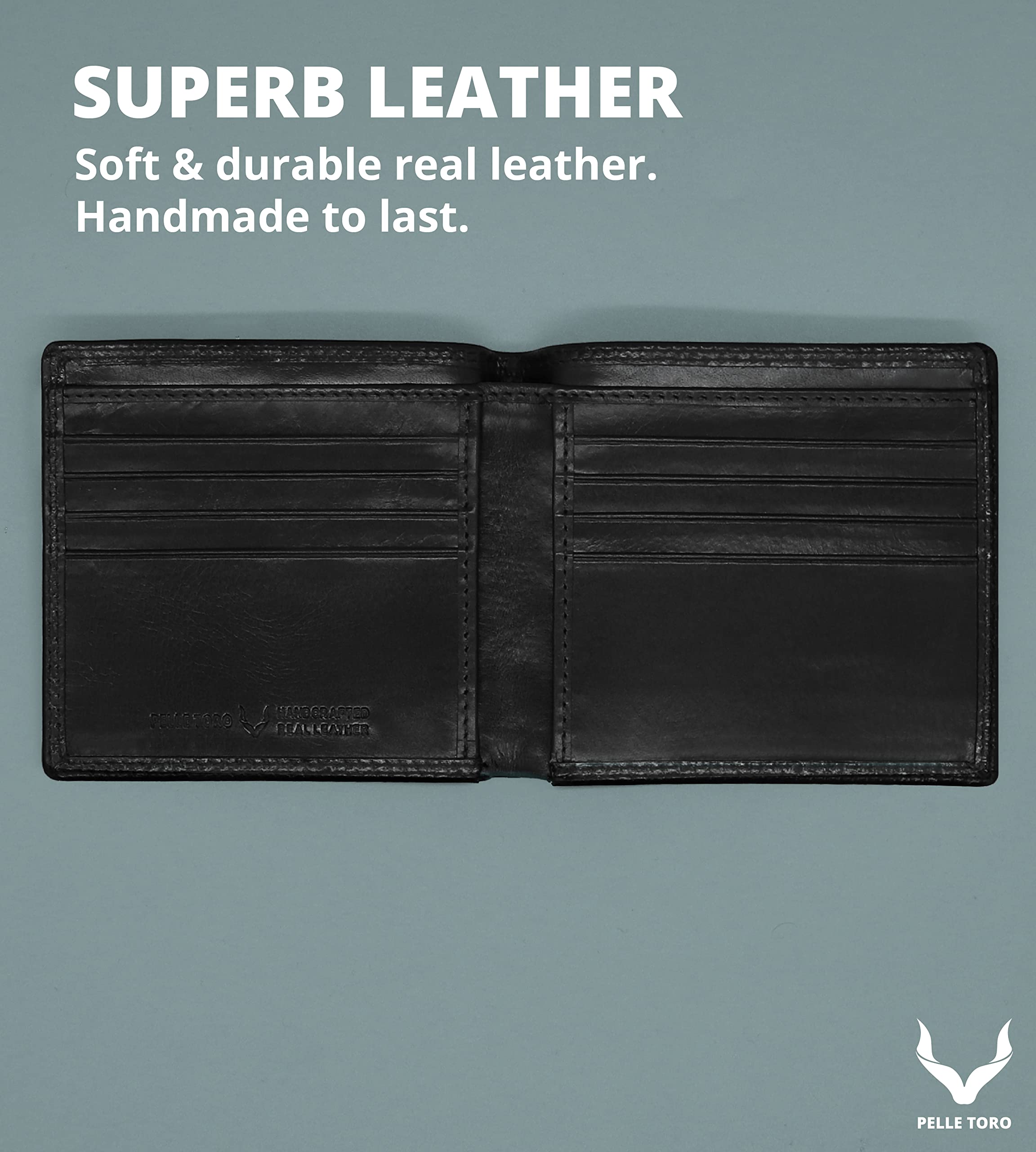 PELLE TORO Minimalist Slim Mens Wallet - Genuine Leather RFID Blocking Card Holder with 10 Slots & Cash Pocket - Perfect for Everyday Carry, Travel & Business (Black)