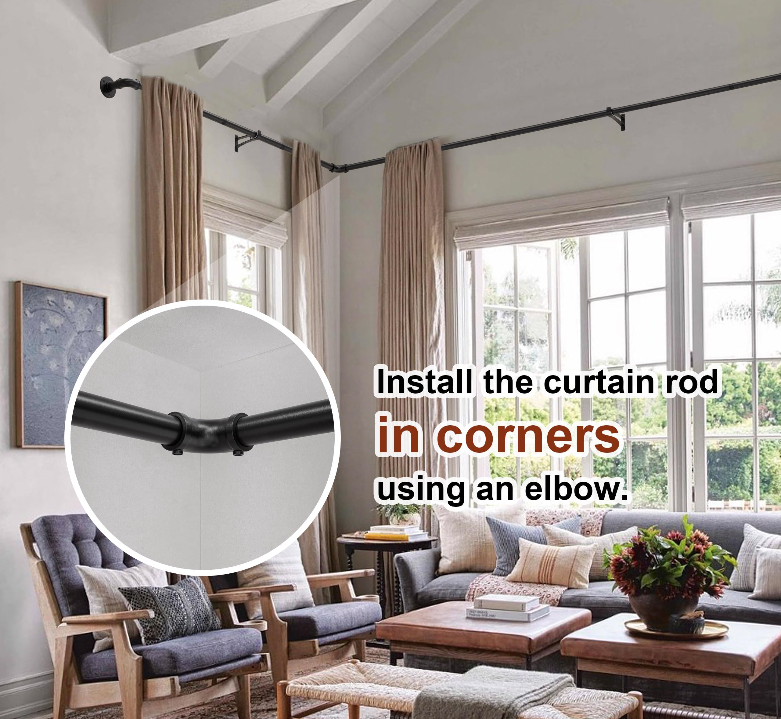 Heavy Duty Black Industrial Curtain Rod 36-84 Inch Adjustable Rustic Pipe Drapery Pole - 1 Inch Wrap Around Blackout Window Curtain Rod for Living Room, Bedroom & Home Theater