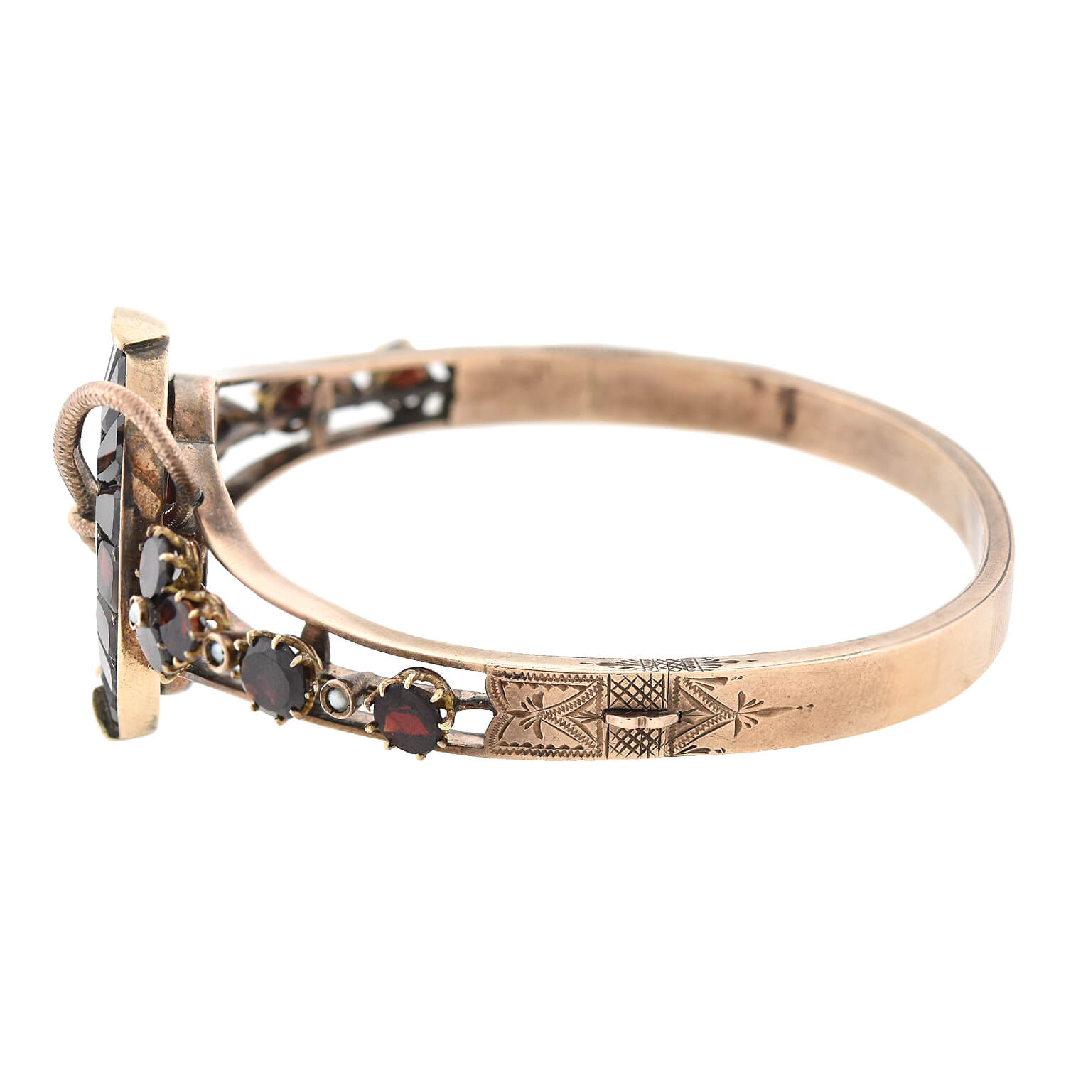 Victorian Style 9K Gold Garnet and Pearl Horseshoe Motif Bangle Bracelet - Elegant Jewelry for Women, Perfect Gift for Birthday, Anniversary & Special Occasions