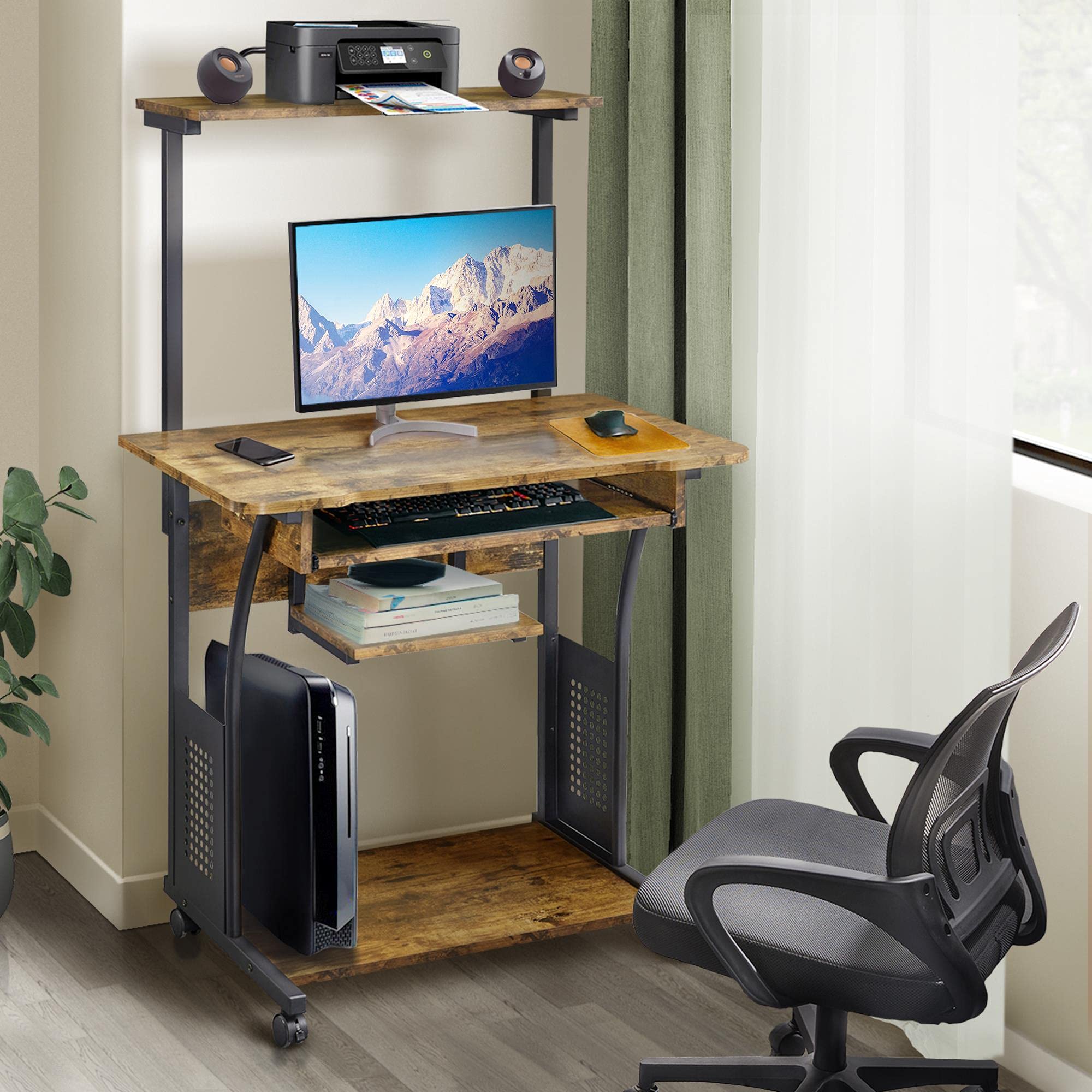 Yaheetech 3-Tier Computer Desk with Printer Shelf & Keyboard Tray - Sturdy Home Office Desk, Rolling Workstation for Small Spaces, Rustic Brown - Perfect for Remote Work, Gaming & Study Setup