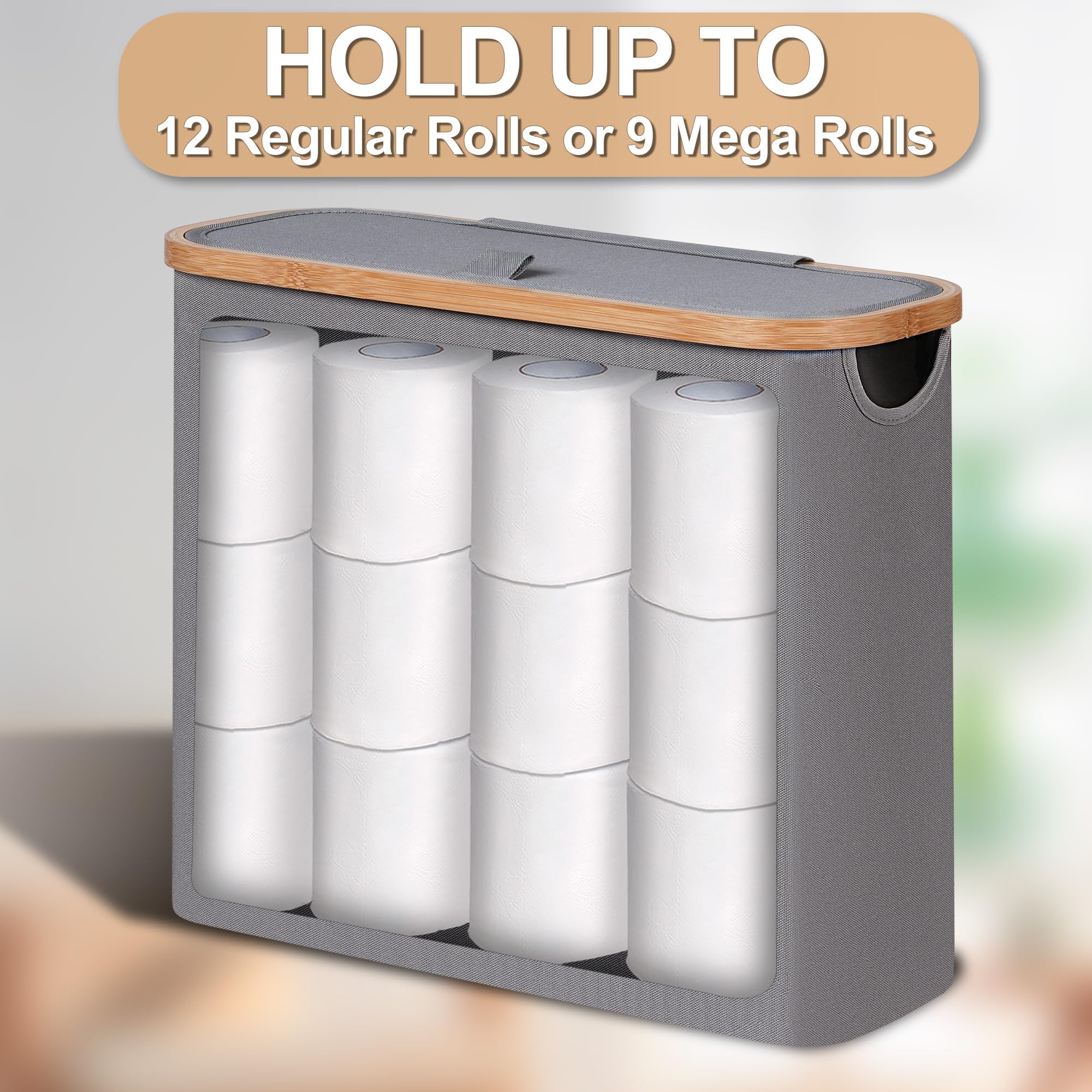 28L Grey Toilet Paper Storage Basket with Lid - Free Standing Bathroom Organizer Holds 9-12 Rolls | Perfect for Small Spaces, Apartment Bathrooms & Clutter-Free Organization