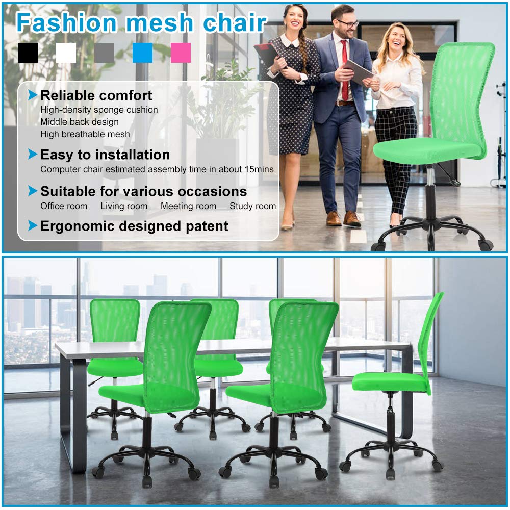 Ergonomic Mesh Office Chair - Adjustable Height Mid Back Computer Desk Chair with Wheels & Swivel, No Armrest, Green - Perfect for Home Office, Study, Gaming & Small Workspaces