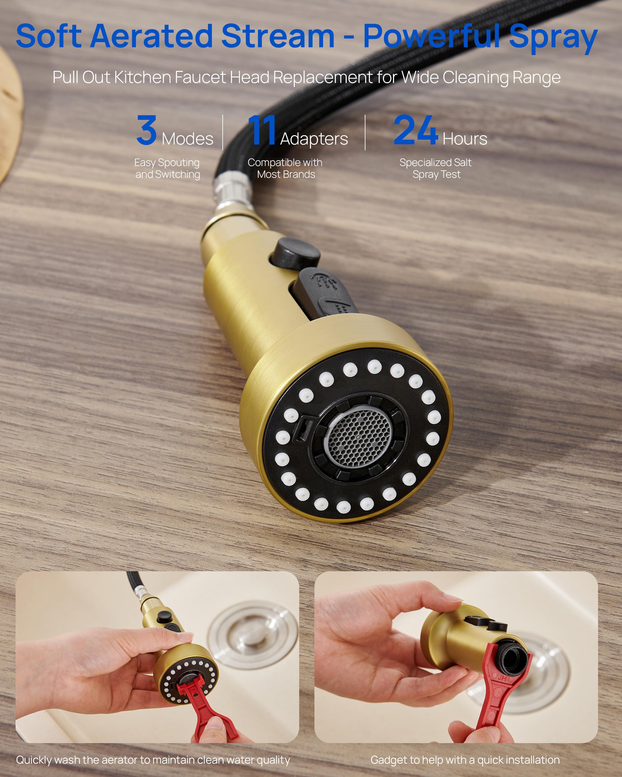 3-Function Pull Down Kitchen Faucet Sprayer Head Replacement with 15 Adapters - Brushed Gold Nozzle for Sink Sprayer, Hose & Tap Spout | Perfect for Kitchen Renovation, Dishwashing & Food Prep